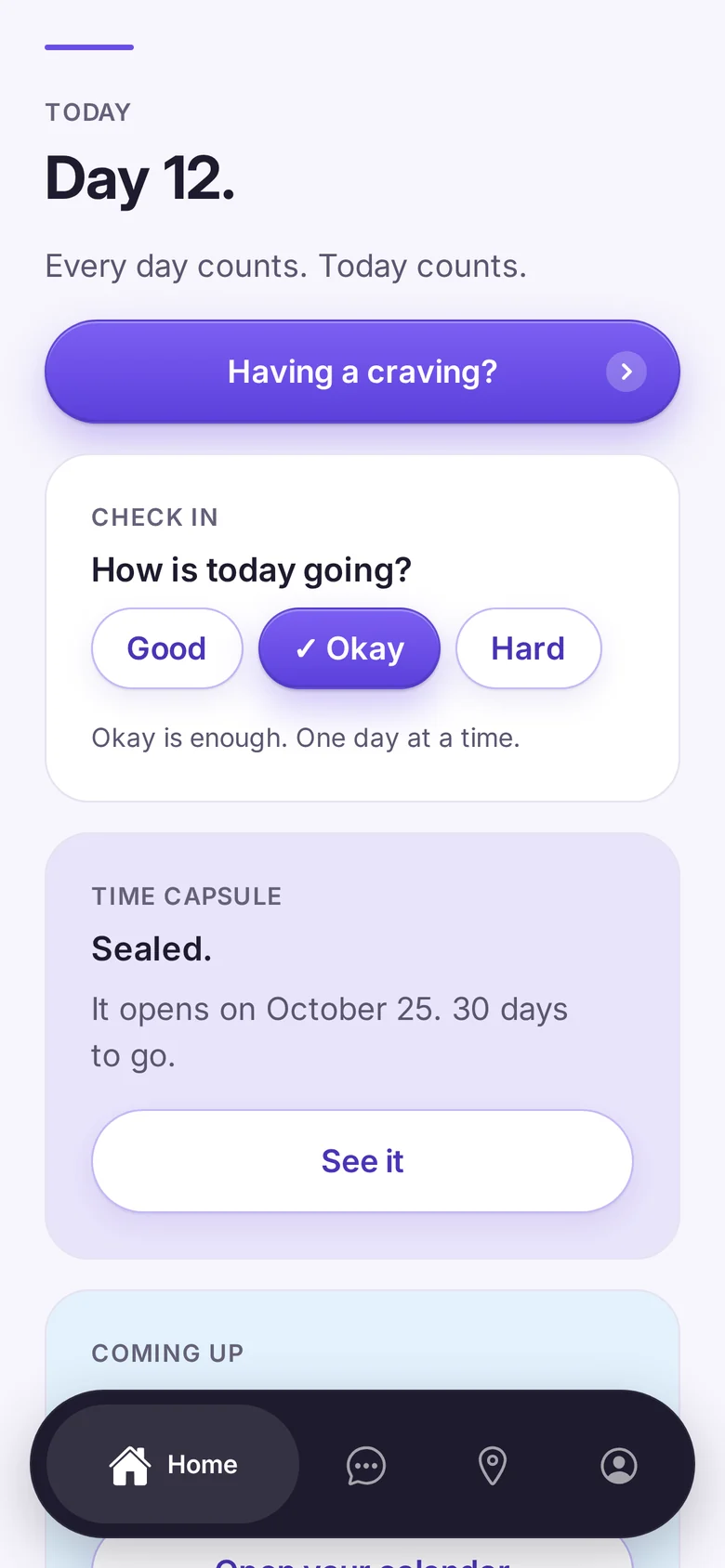 The Today screen: Day 12, the daily line Every day counts. Today counts., the Having a craving? button, the check-in and a sealed Time Capsule