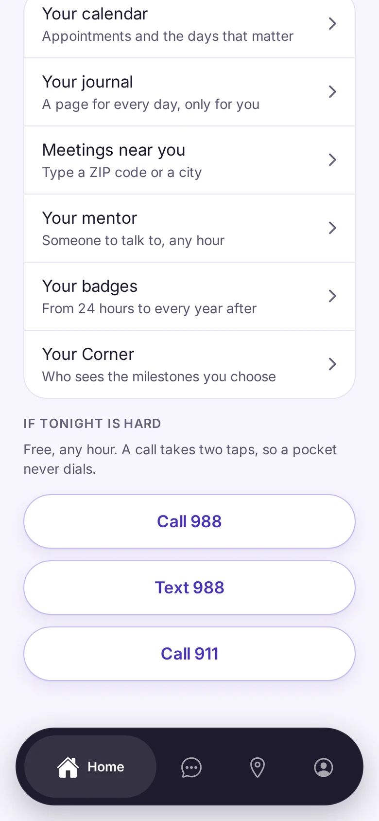 The If tonight is hard screen, with buttons to call 988, text 988 and call 911