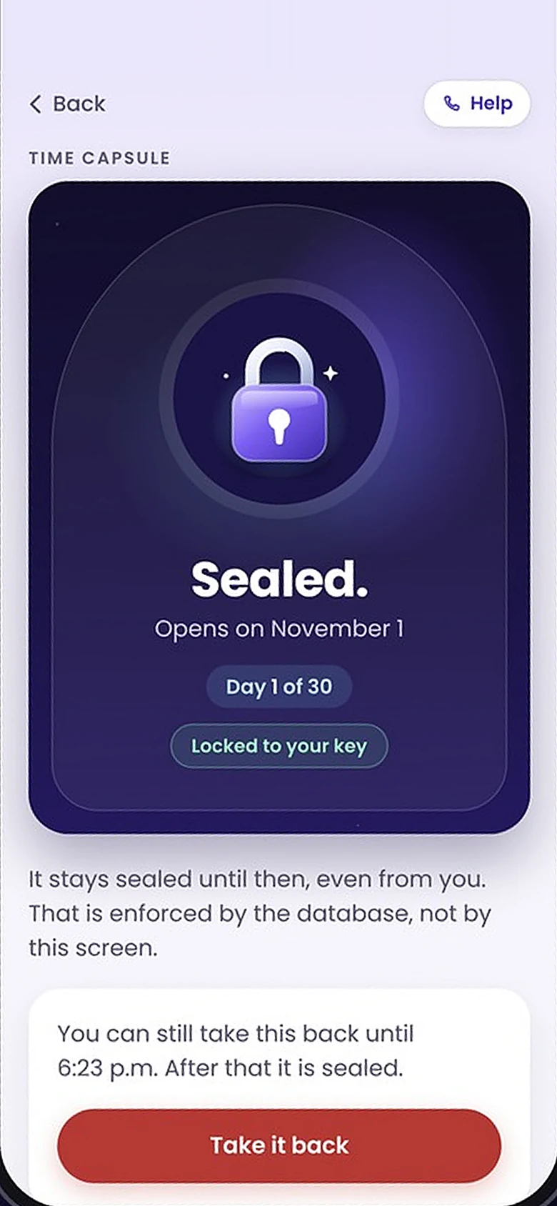 A sealed Time Capsule in the app on day 1 of 30, locked until its opening day