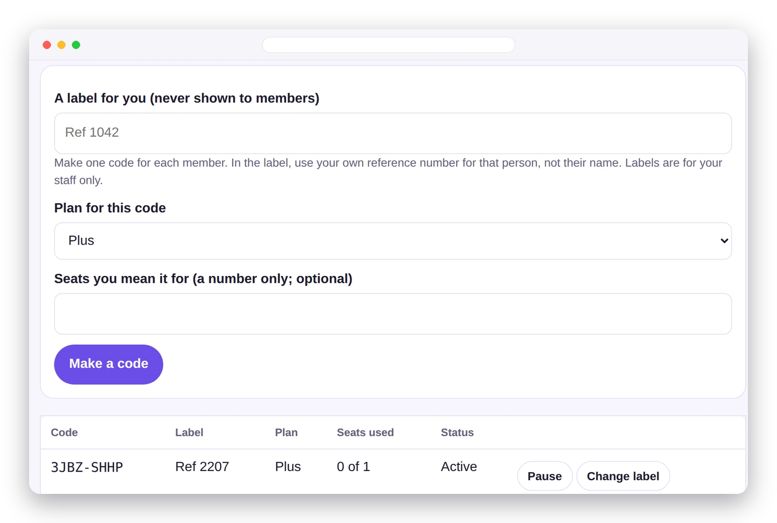 Admin dashboard: make a join code with a staff-only label
