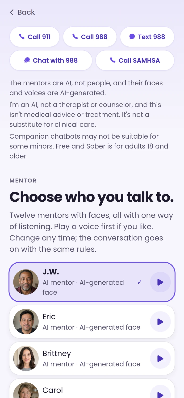 Choose an AI mentor: twelve AI mentors with AI-generated faces