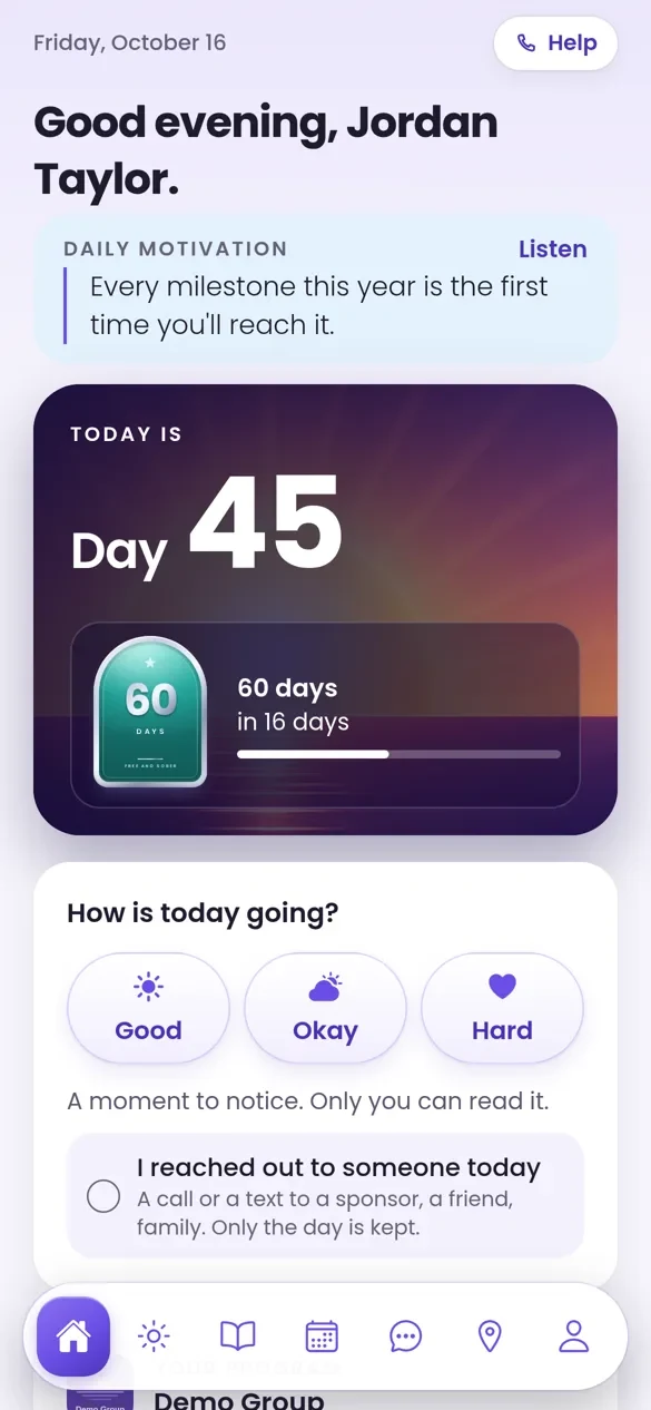 A member's home screen in Free and Sober, shown with demo data: day 45, a daily check-in and the program card