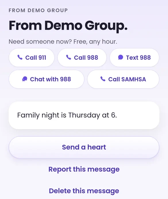 A broadcast from the program in the member's app, shown with demo data: Family night is Thursday at 6