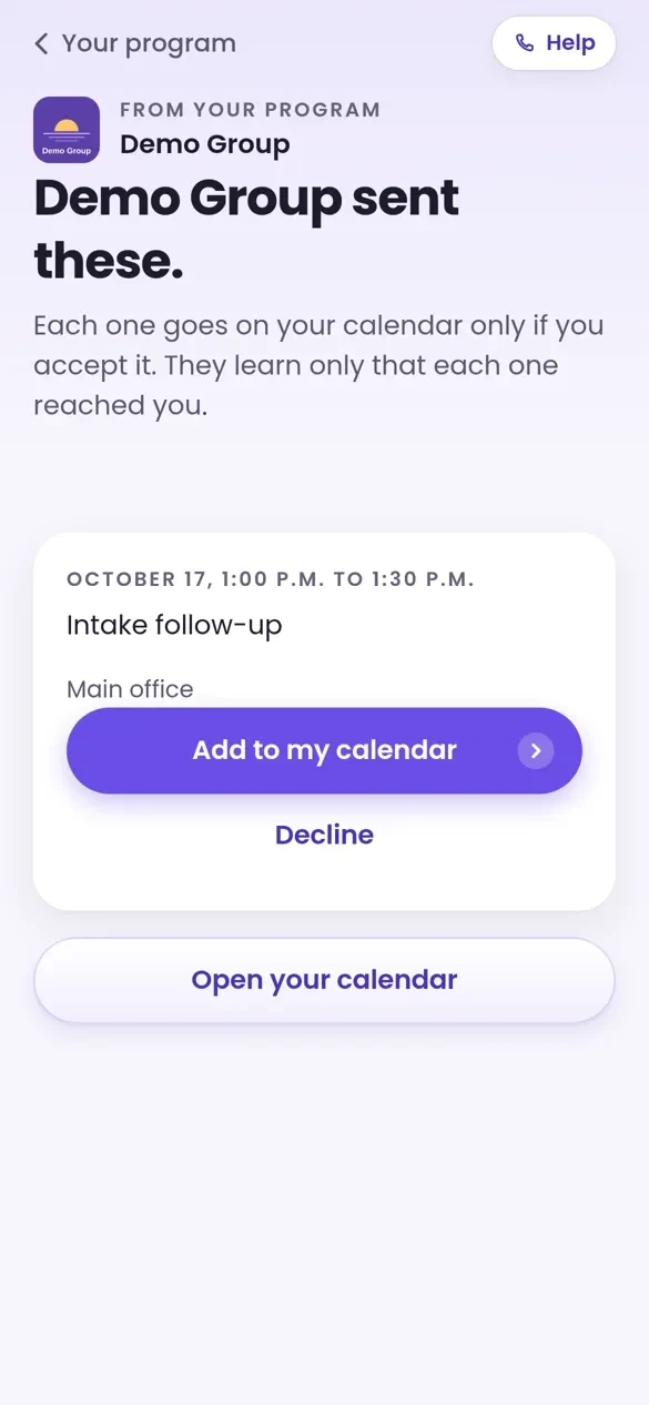 A member's app with demo data: an appointment from the program, with Add to my calendar and Decline