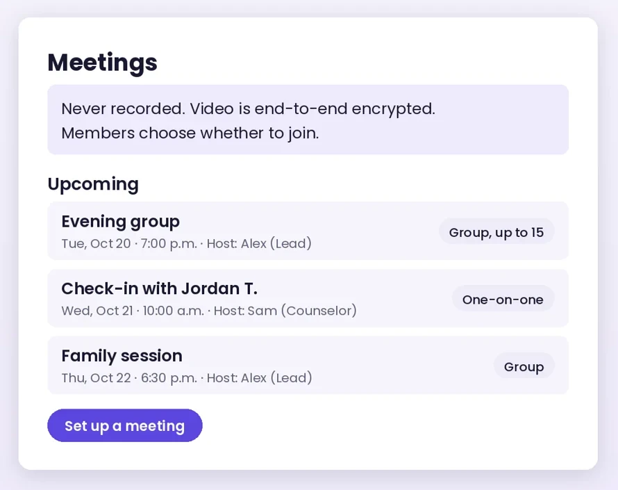 Meetings screen in the Free and Sober organization portal