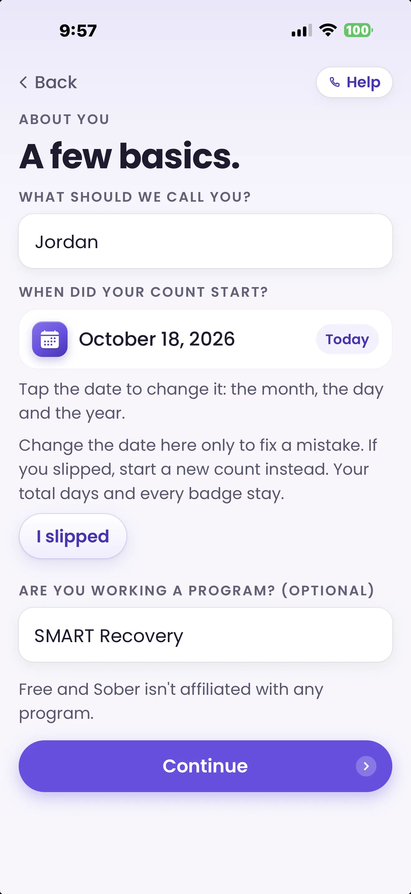 Free and Sober A few basics start screen, filled in with sample answers