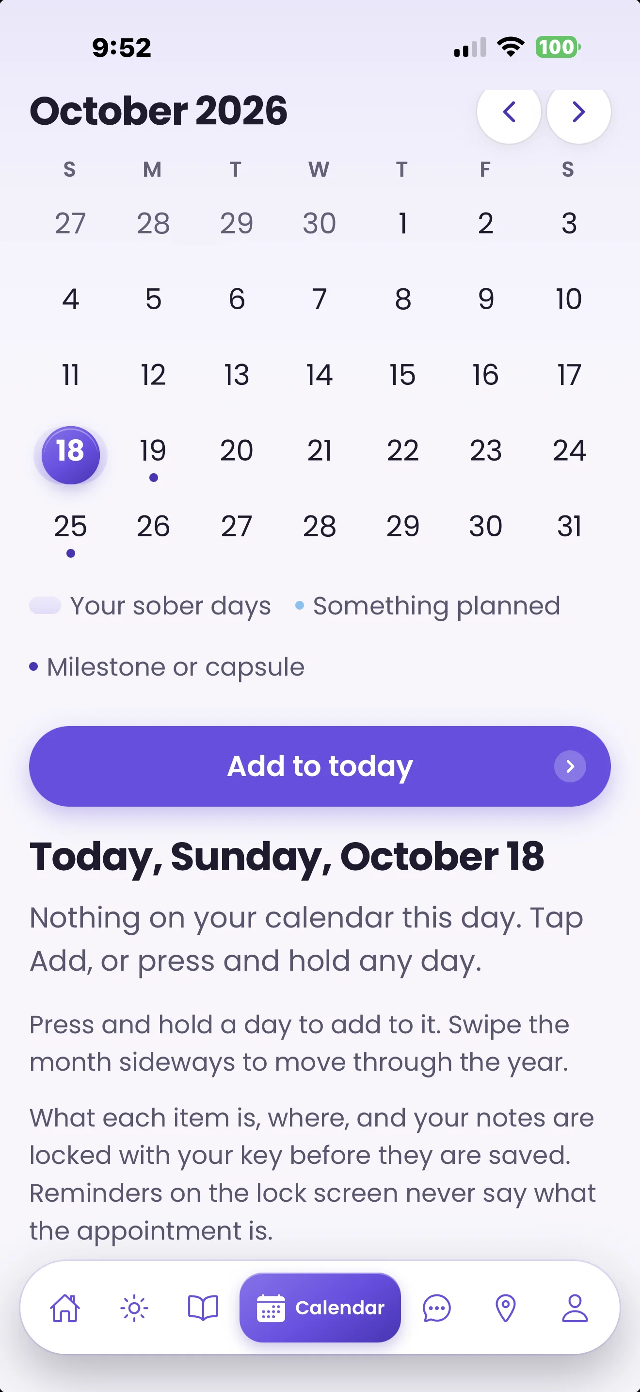 Free and Sober private calendar for October with a day selected and an add to today button