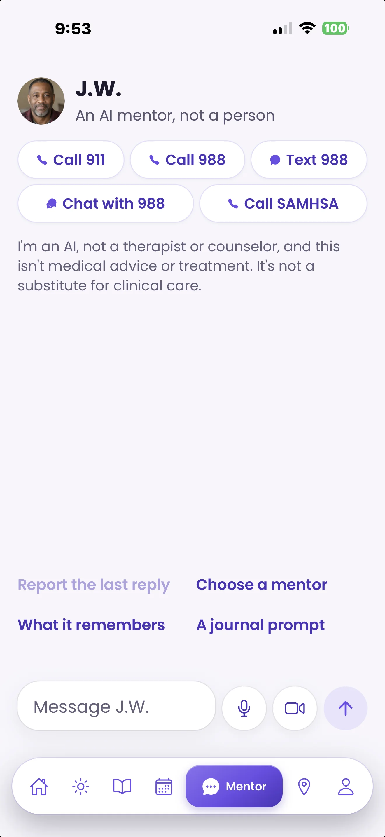 Message conversation with J.W., an AI mentor, with a Help me write it option under the chat, sample content