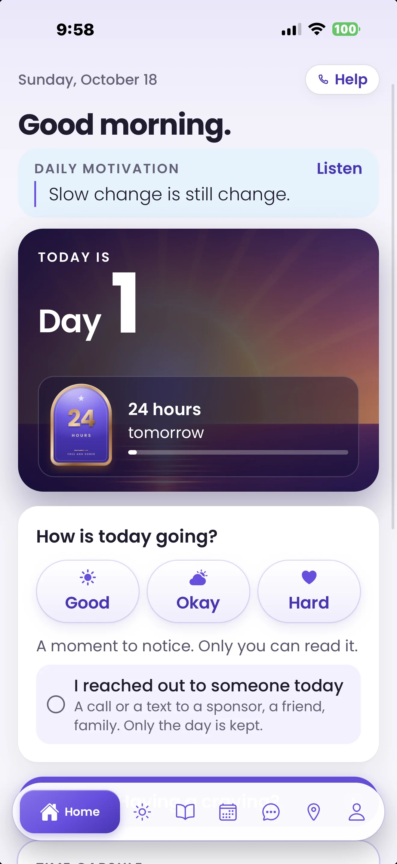 Free and Sober home screen on day 1 with the day count, daily motivation and a how is today going check-in