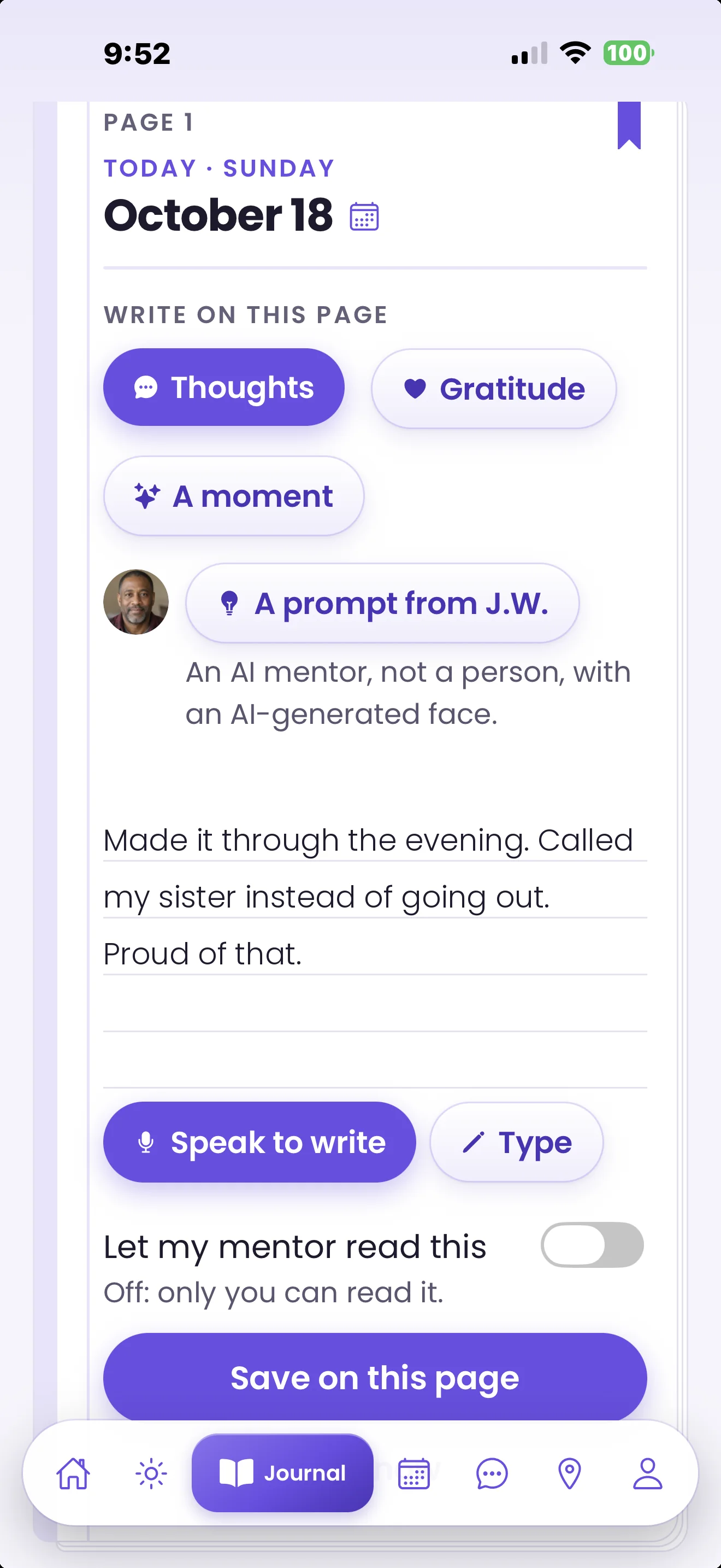 Free and Sober journal page with a prompt from the AI mentor J.W. and an entry written, sample content
