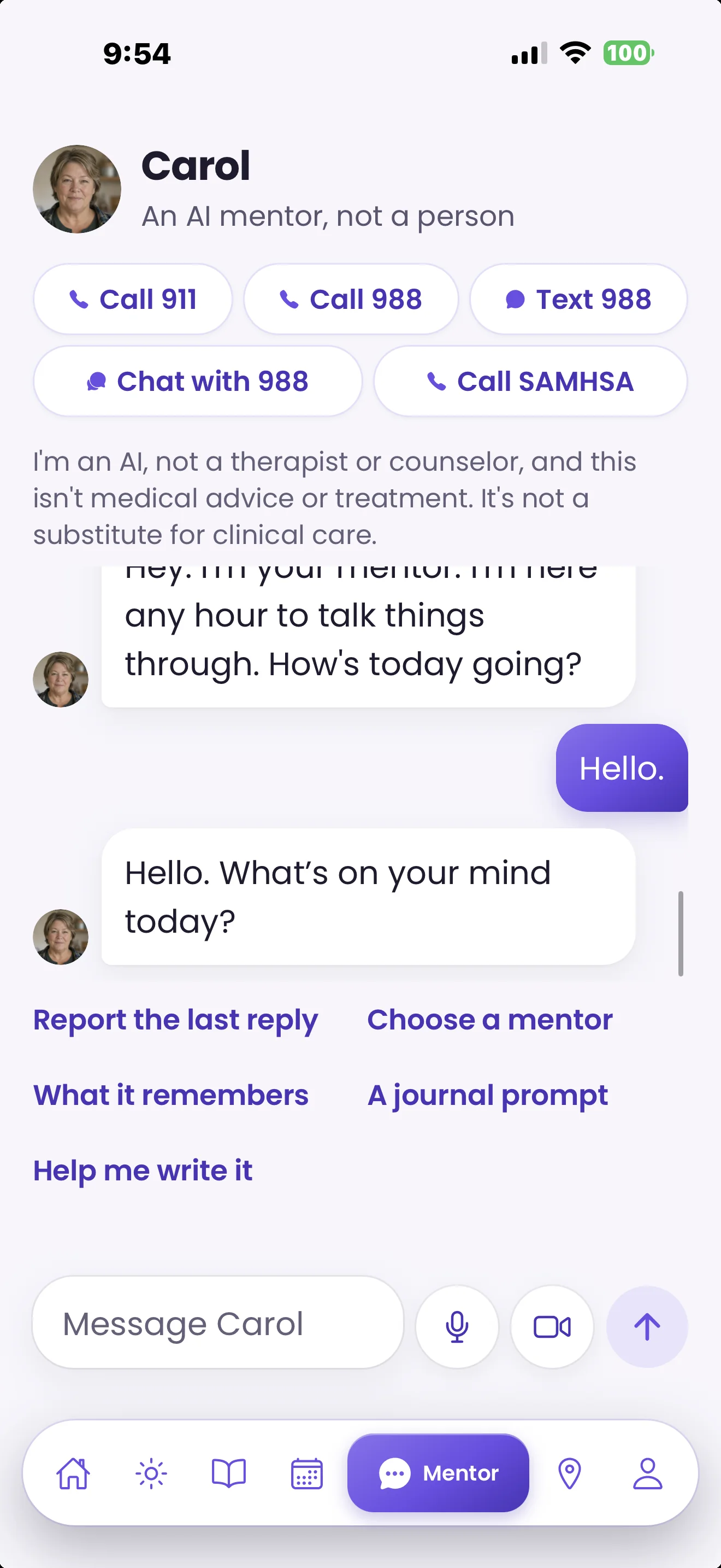Message conversation with Carol, labeled an AI mentor, not a person, with crisis buttons for 911, 988 and SAMHSA