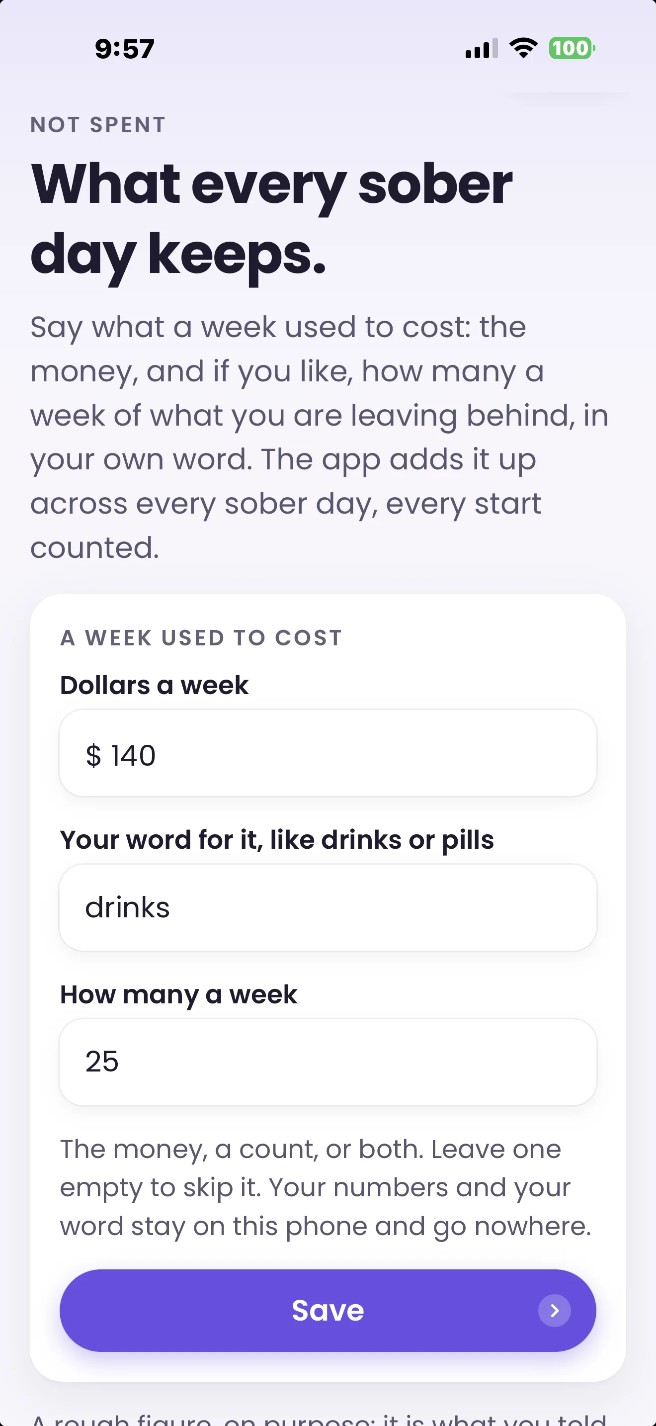 Free and Sober money not spent, added up from the member's sober date, sample content