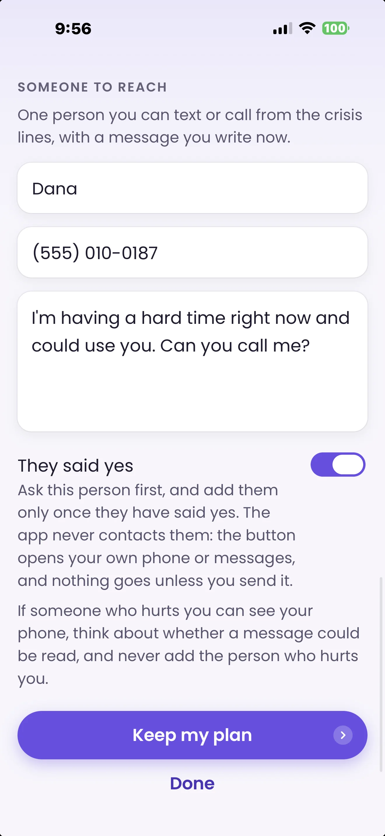 Free and Sober screen for choosing someone to reach when a night is hard, sample content