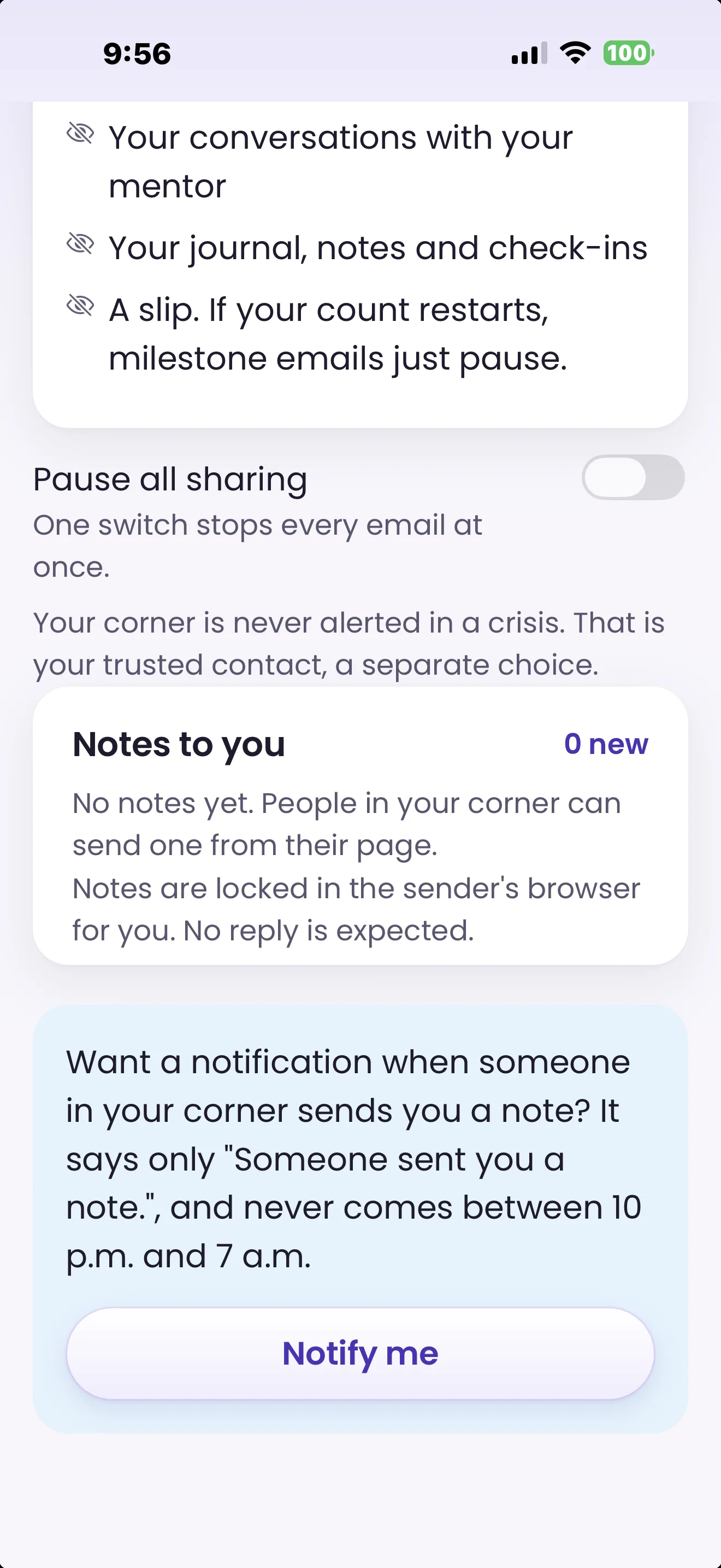 Free and Sober Your Corner settings with pause all sharing and notes from people in your corner, sample content