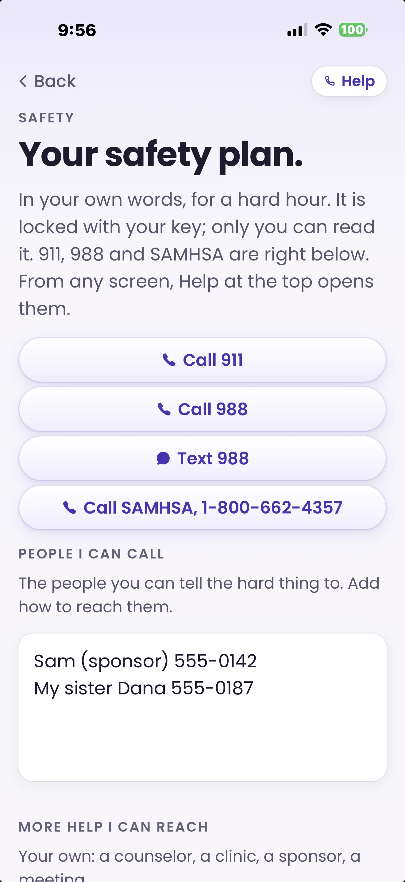 Safety plan with chosen people to call