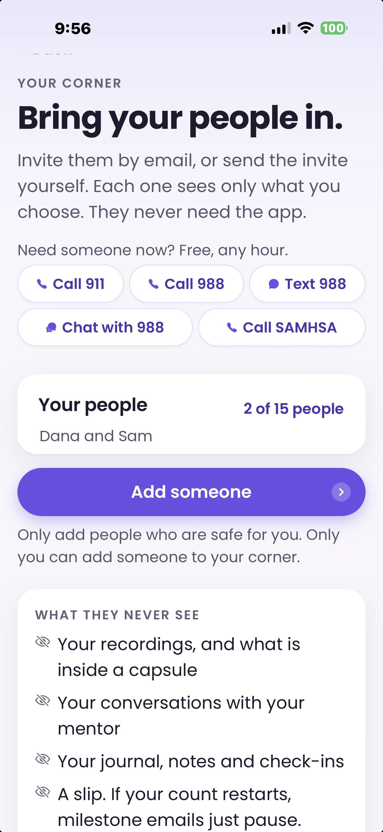 Free and Sober Your Corner screen showing 2 of 15 people and an add someone button, sample content