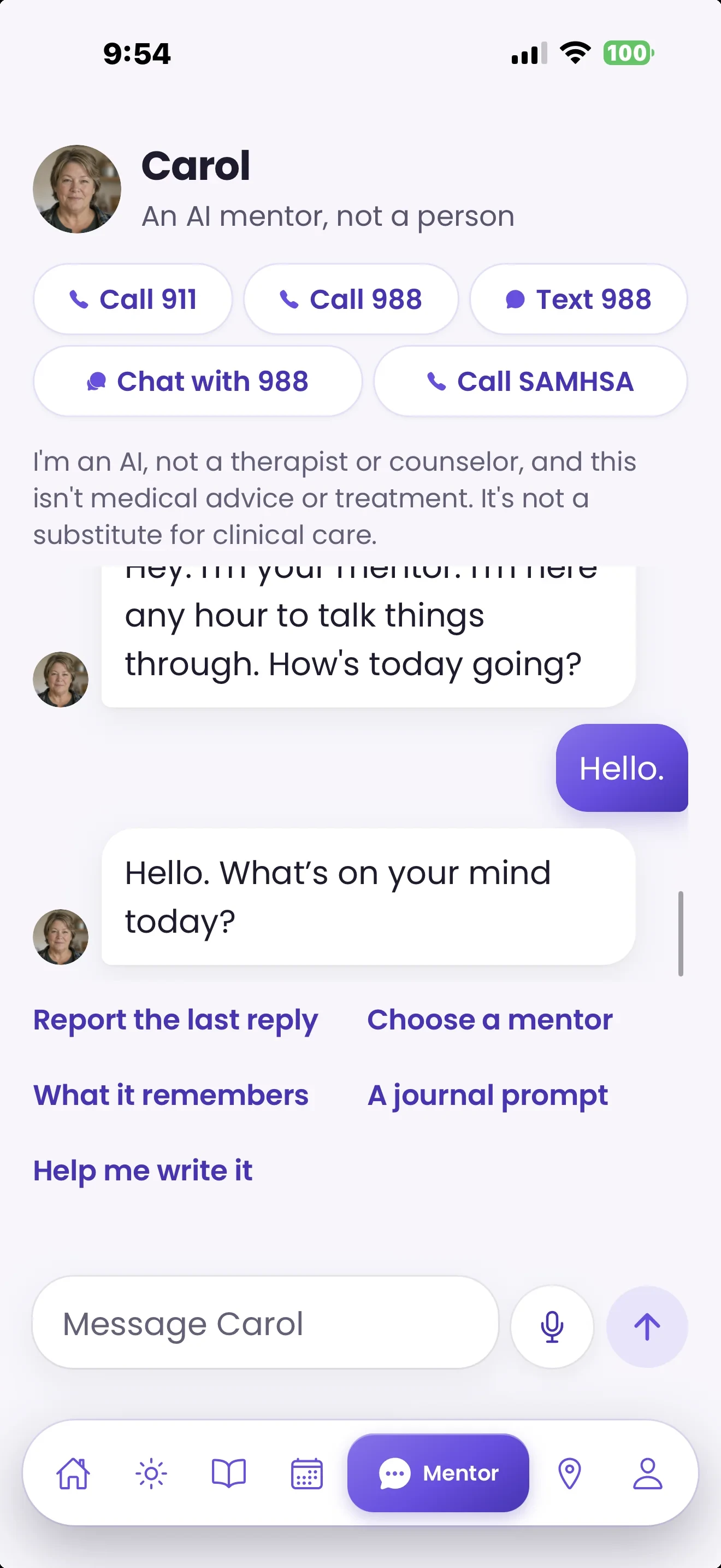 Message conversation with Carol, labeled an AI mentor, not a person, with crisis buttons for 911, 988 and SAMHSA
