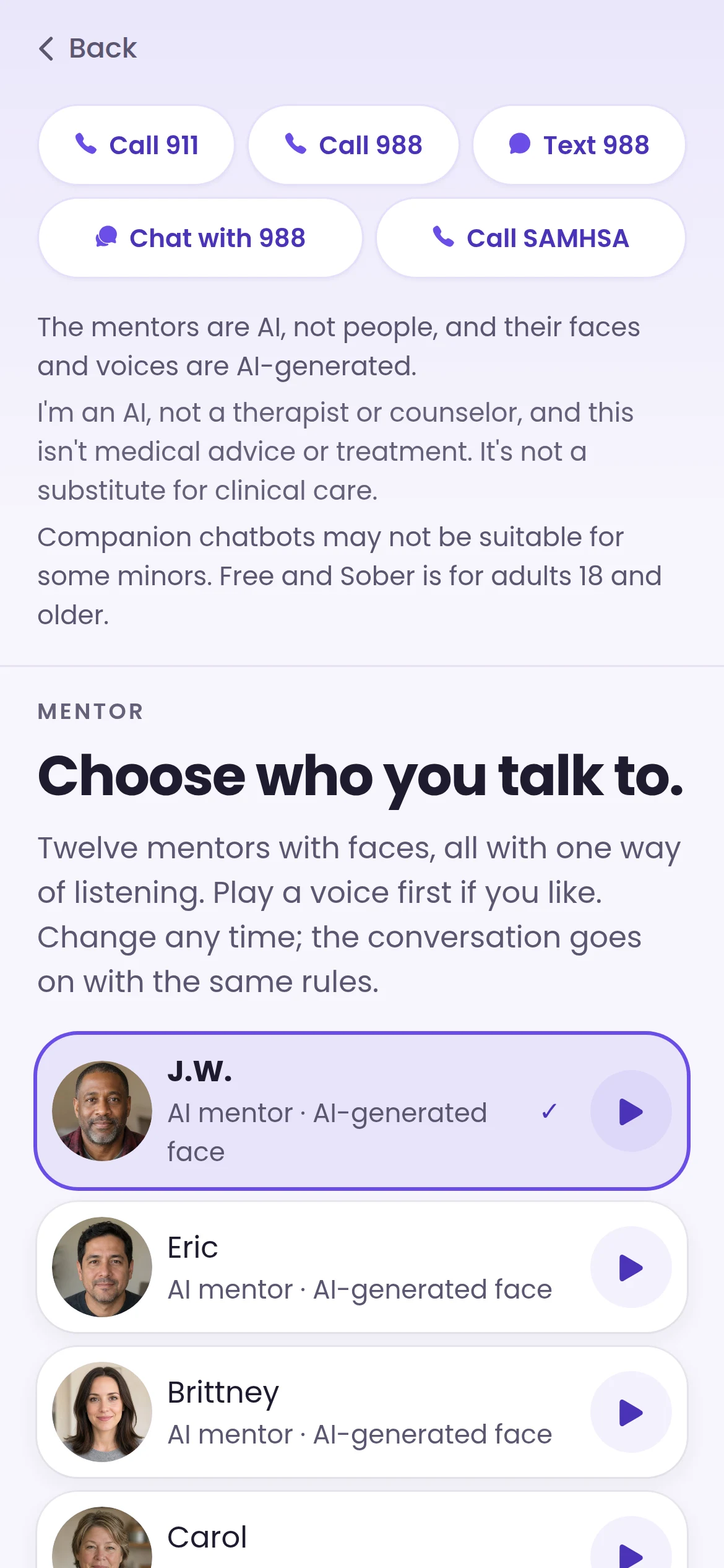 Free and Sober mentor picker with twelve AI mentors
