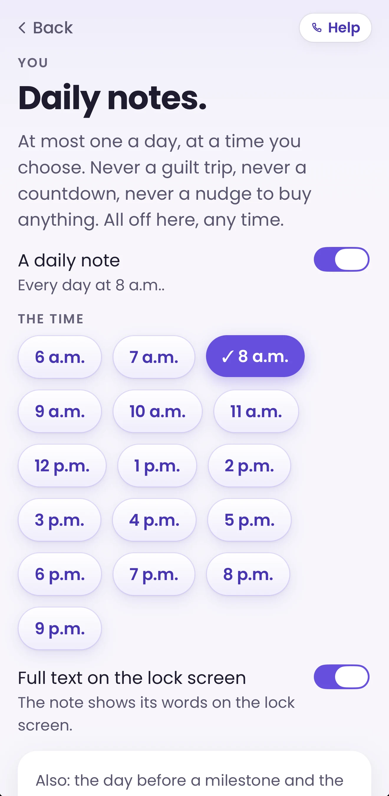 Free and Sober Daily notes settings: one note a day at a time the member picks