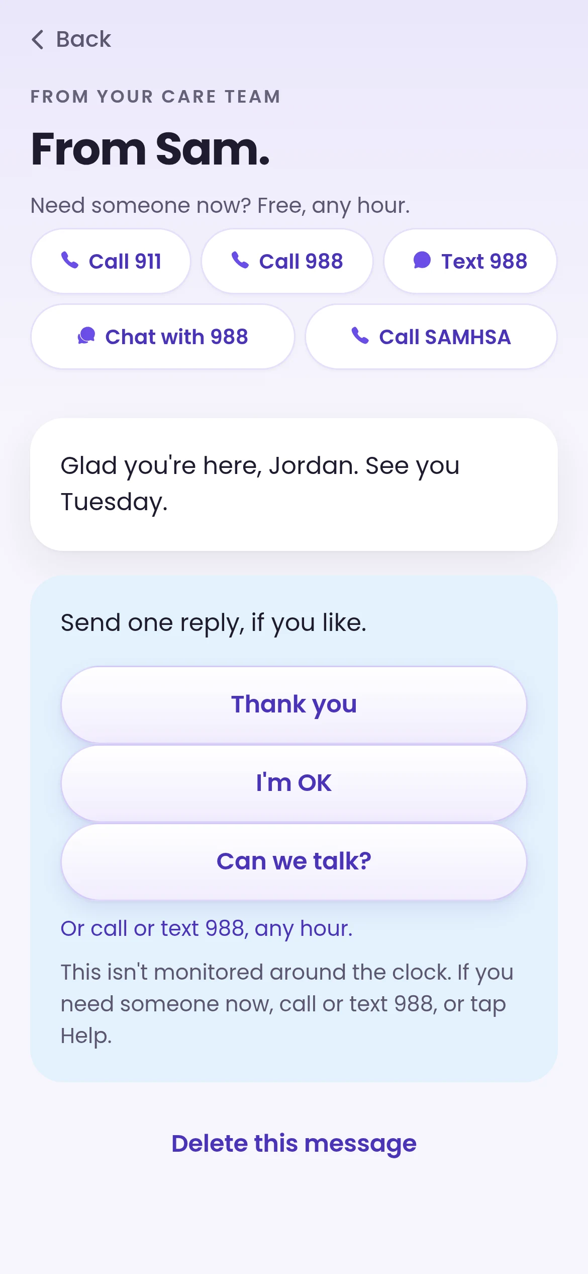 A care team message in the member app, demo data