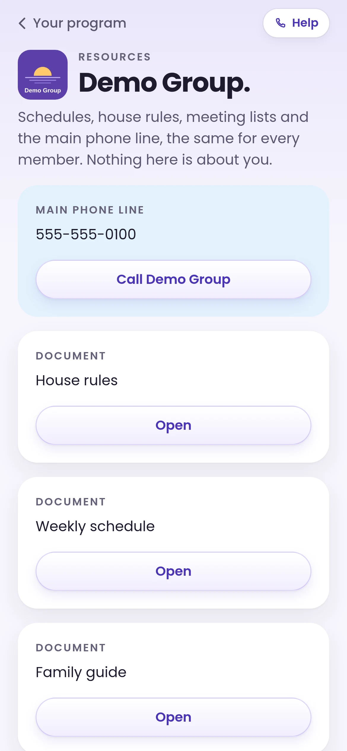 Program resources in the member app, demo program