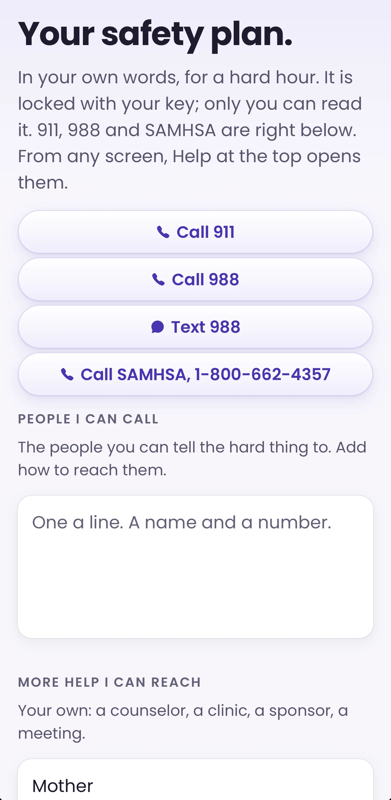 Free and Sober safety plan with 911, 988 and SAMHSA buttons and people the member chose, sample content