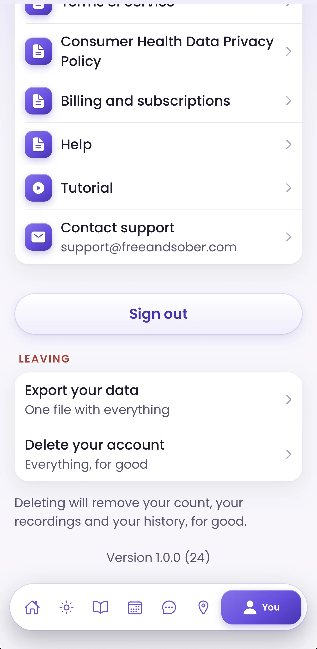 Free and Sober You tab with policies, help, contact support, export your data and delete your account