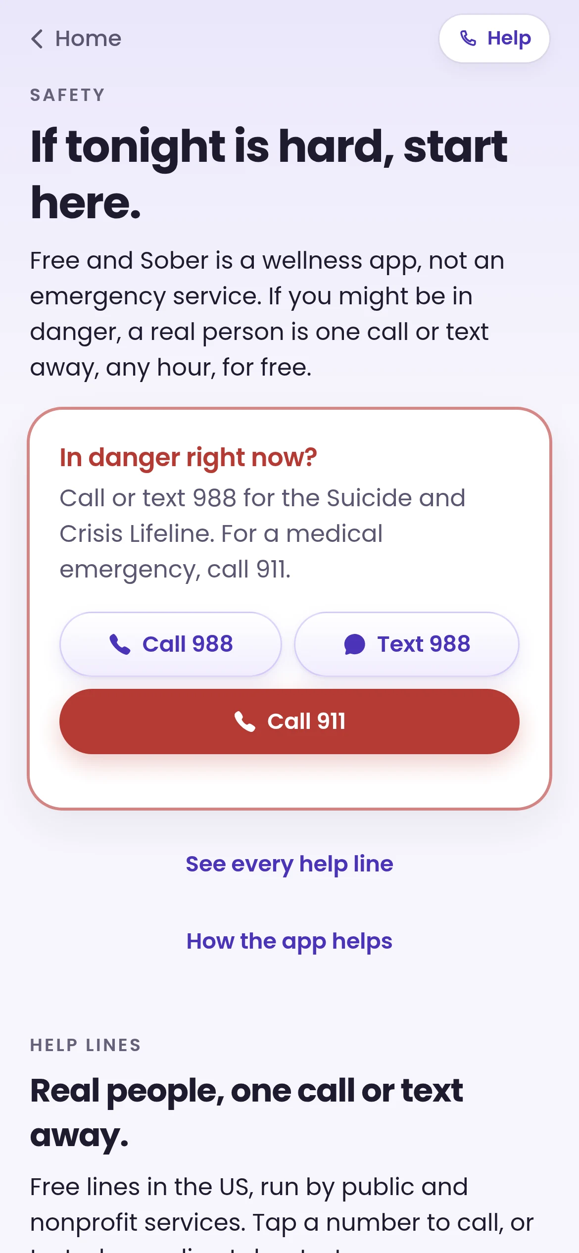Safety page in the app with crisis lines