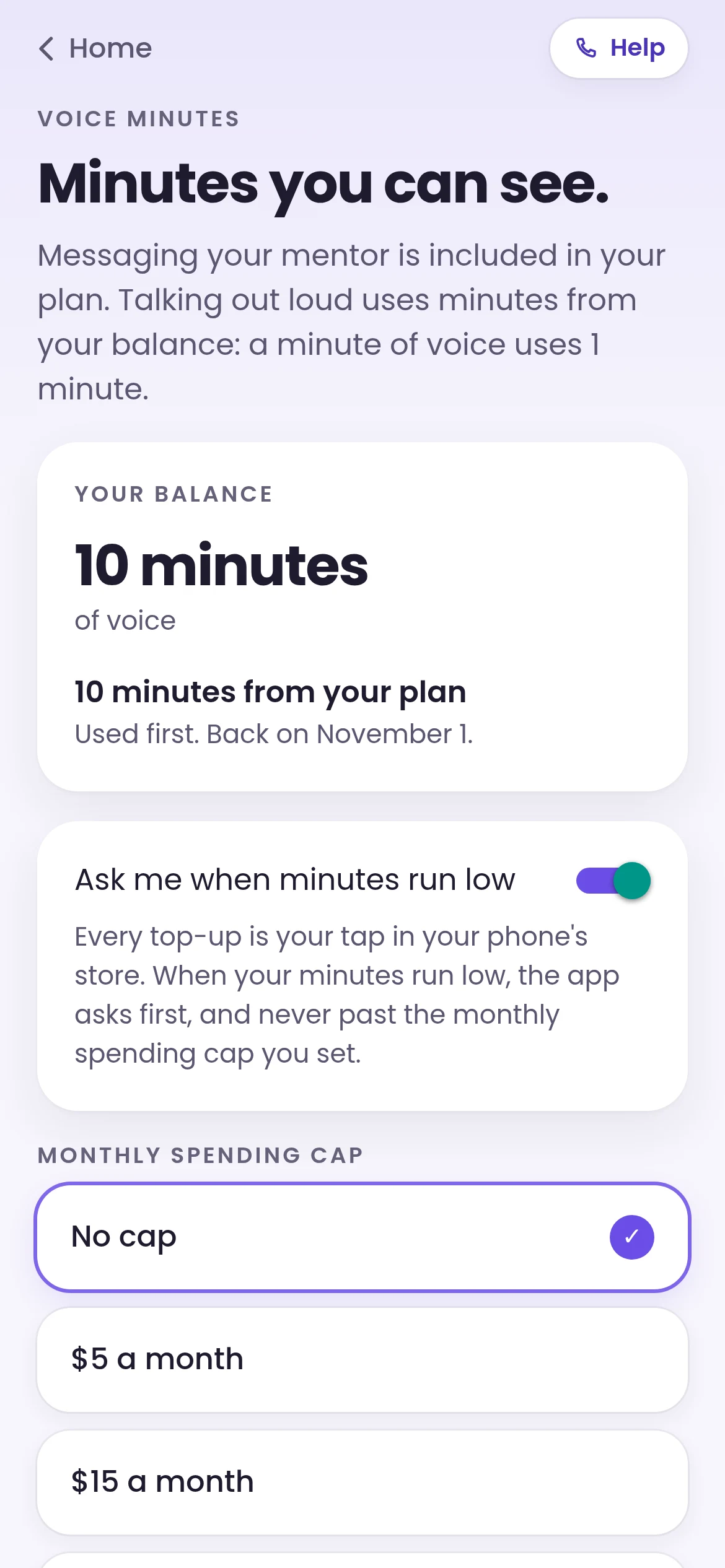 Voice minutes and top-ups screen