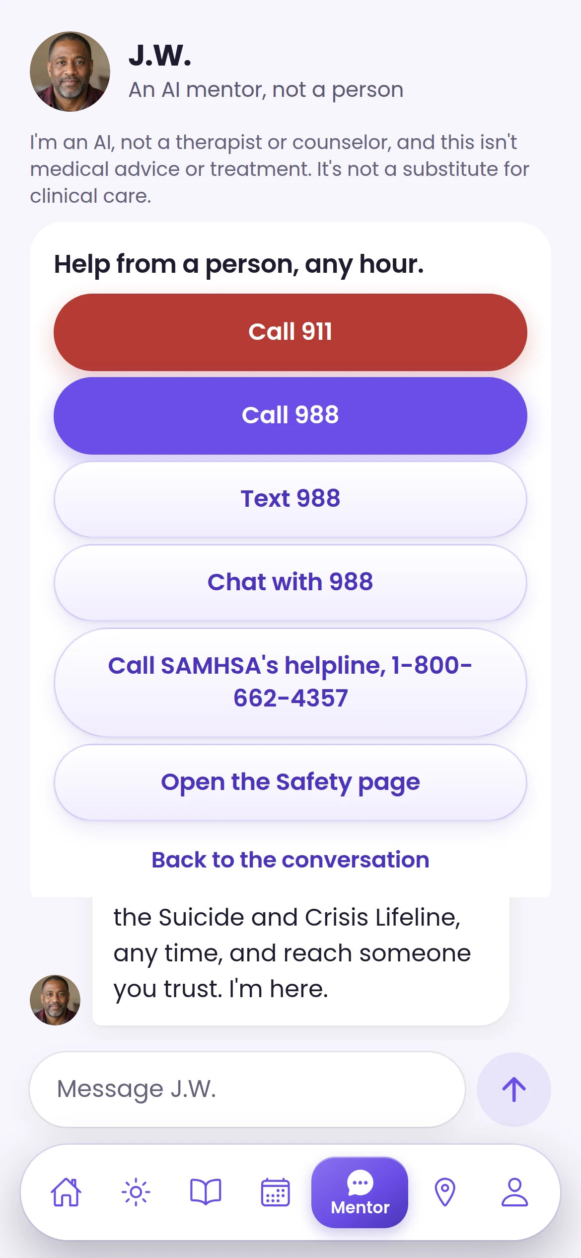 Crisis panel inside a mentor chat