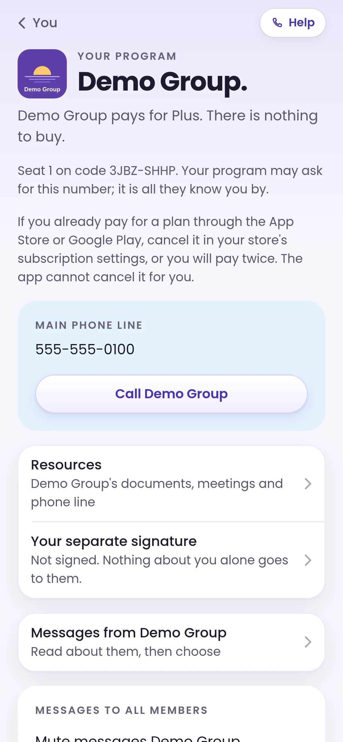 Your program screen in the member app