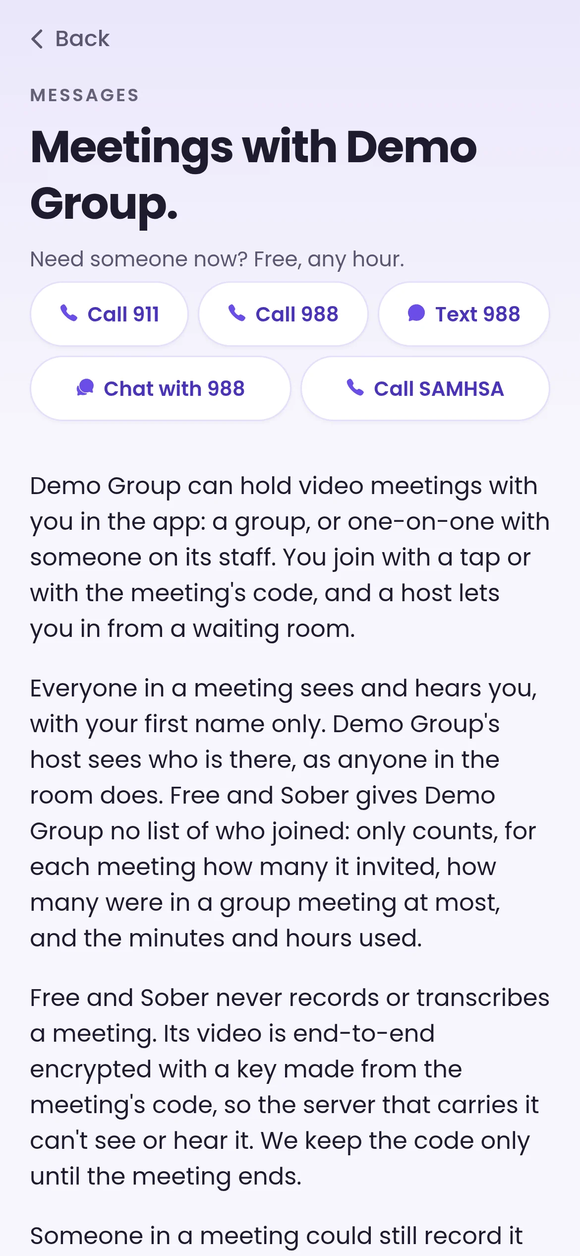 Member app screen explaining meetings with Demo Group: group or one-on-one video, waiting room, end-to-end encrypted