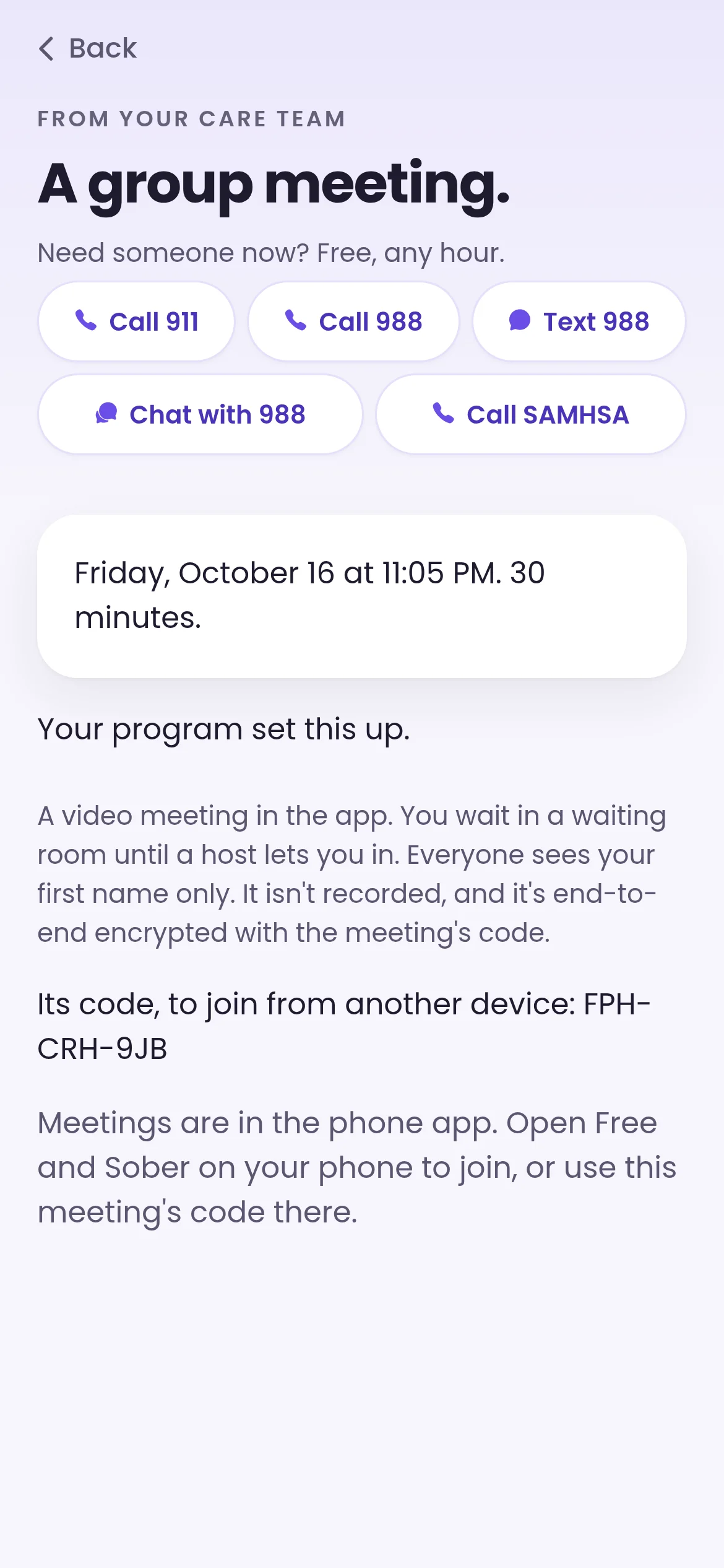 A group meeting on Friday, October 16 at 11:05 PM for 30 minutes, with its join code