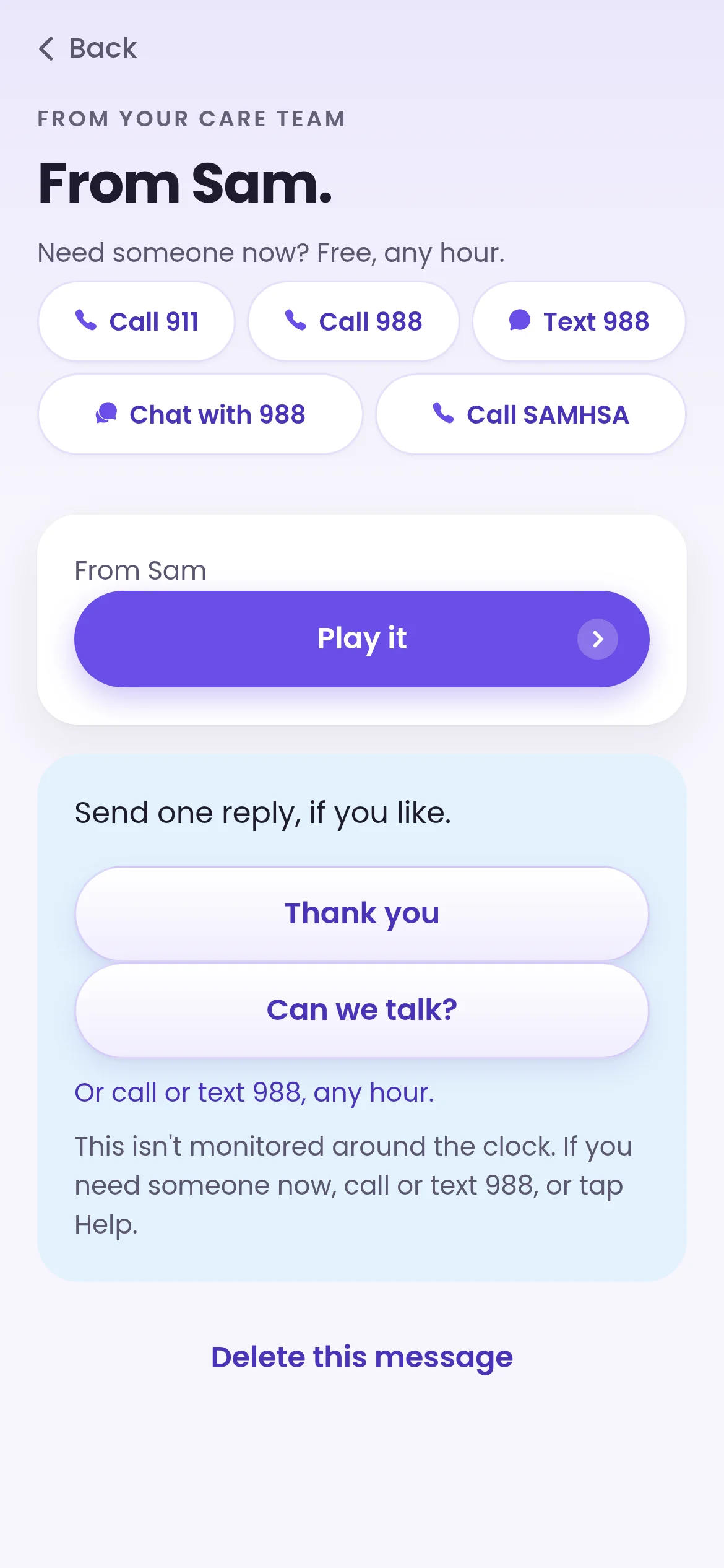 Recorded care message from Sam with a play button and Thank you or Can we talk? replies, demo data