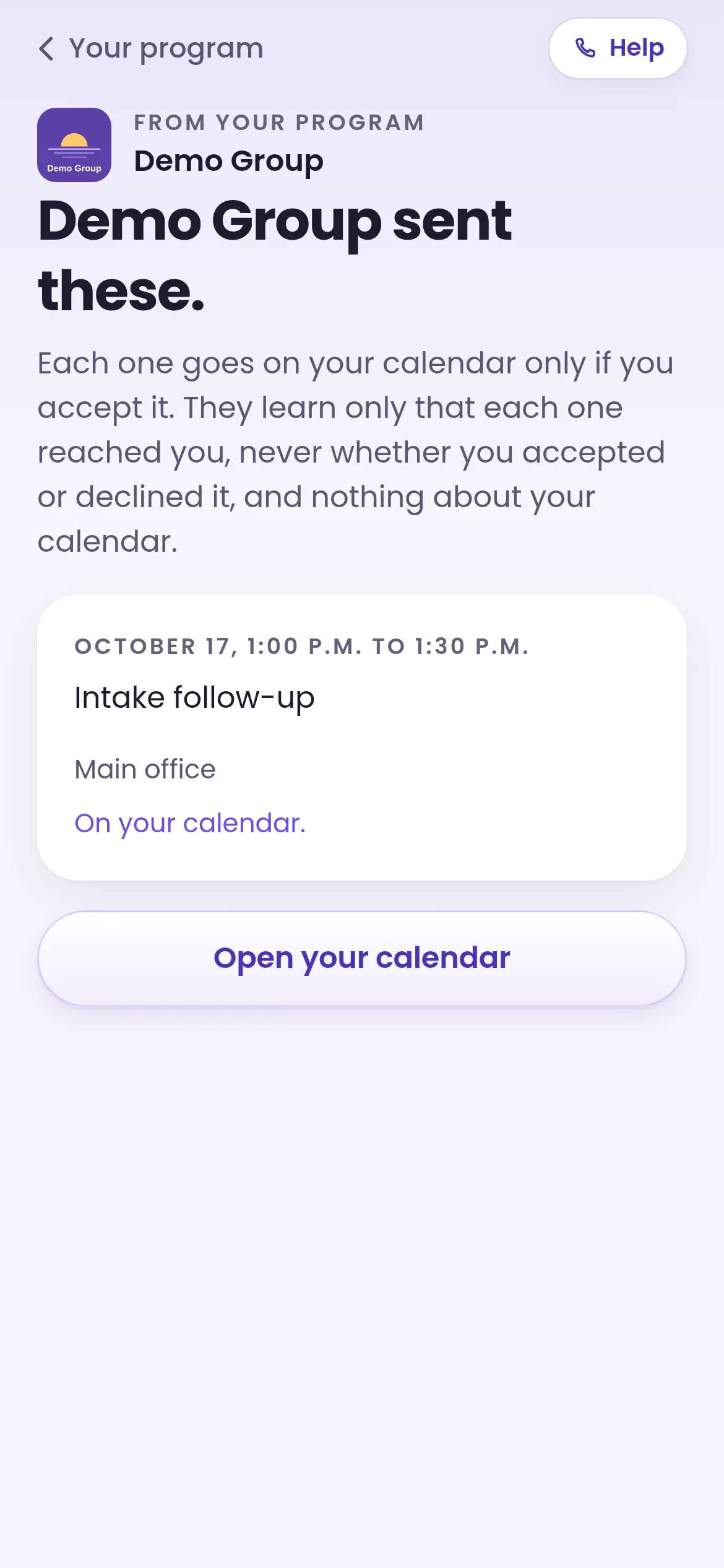 Appointment from Demo Group, an intake follow-up on October 17, accepted and added to the member calendar