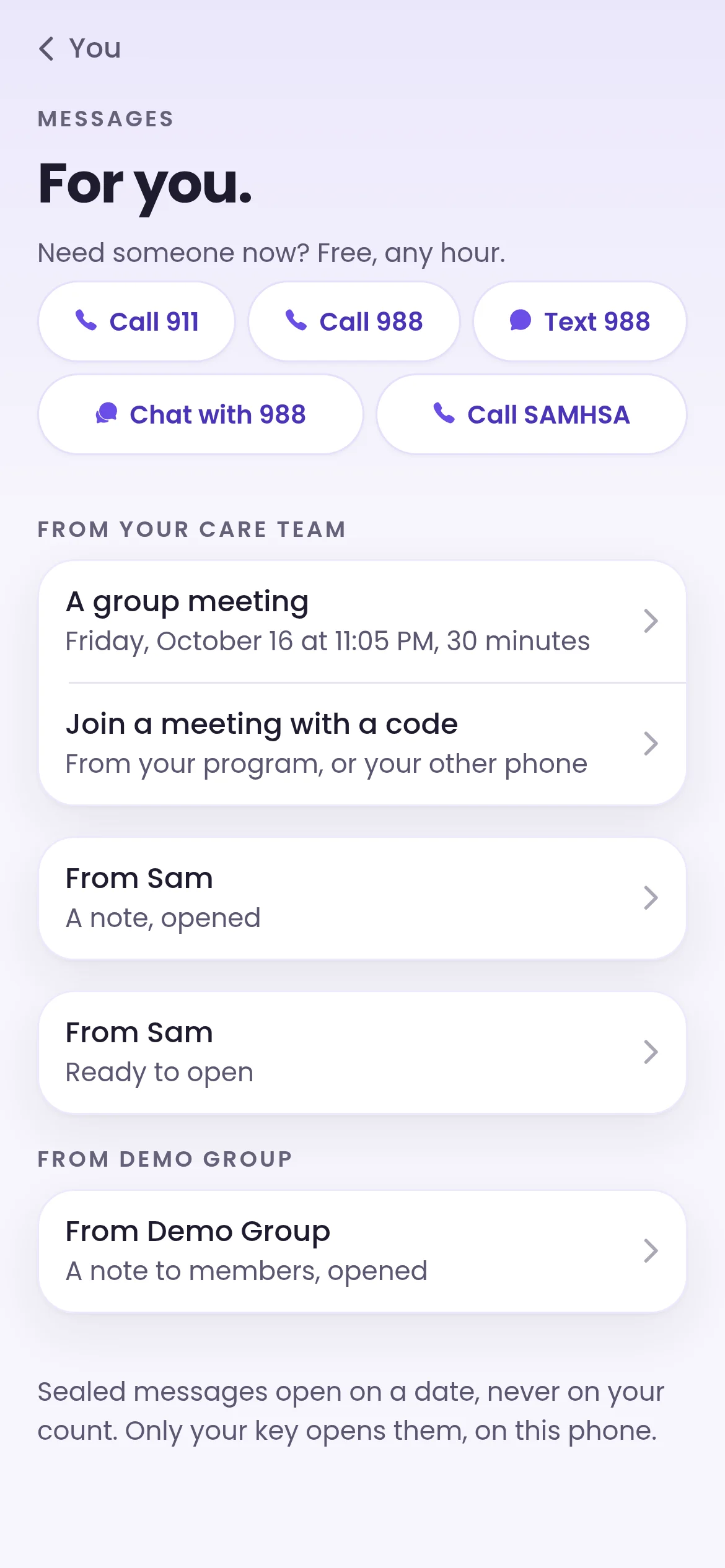 Messages list in the member app with a group meeting, a meeting code, notes from Sam and a note from Demo Group