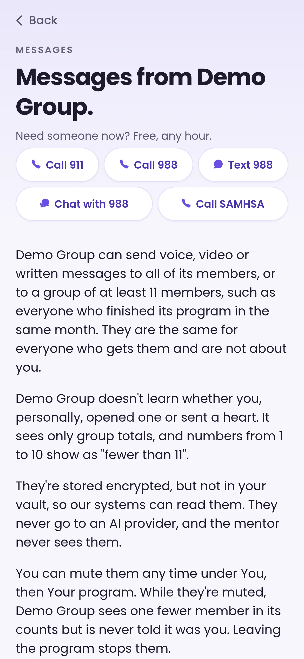 Screen explaining messages from Demo Group: who receives them and that the program sees only group totals