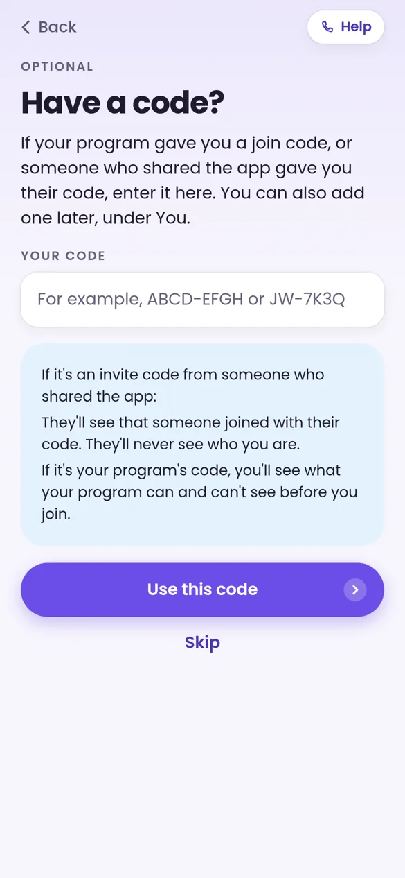 Have a code? screen in the member app, with a box to enter a join code from the program, a Use this code button and Skip