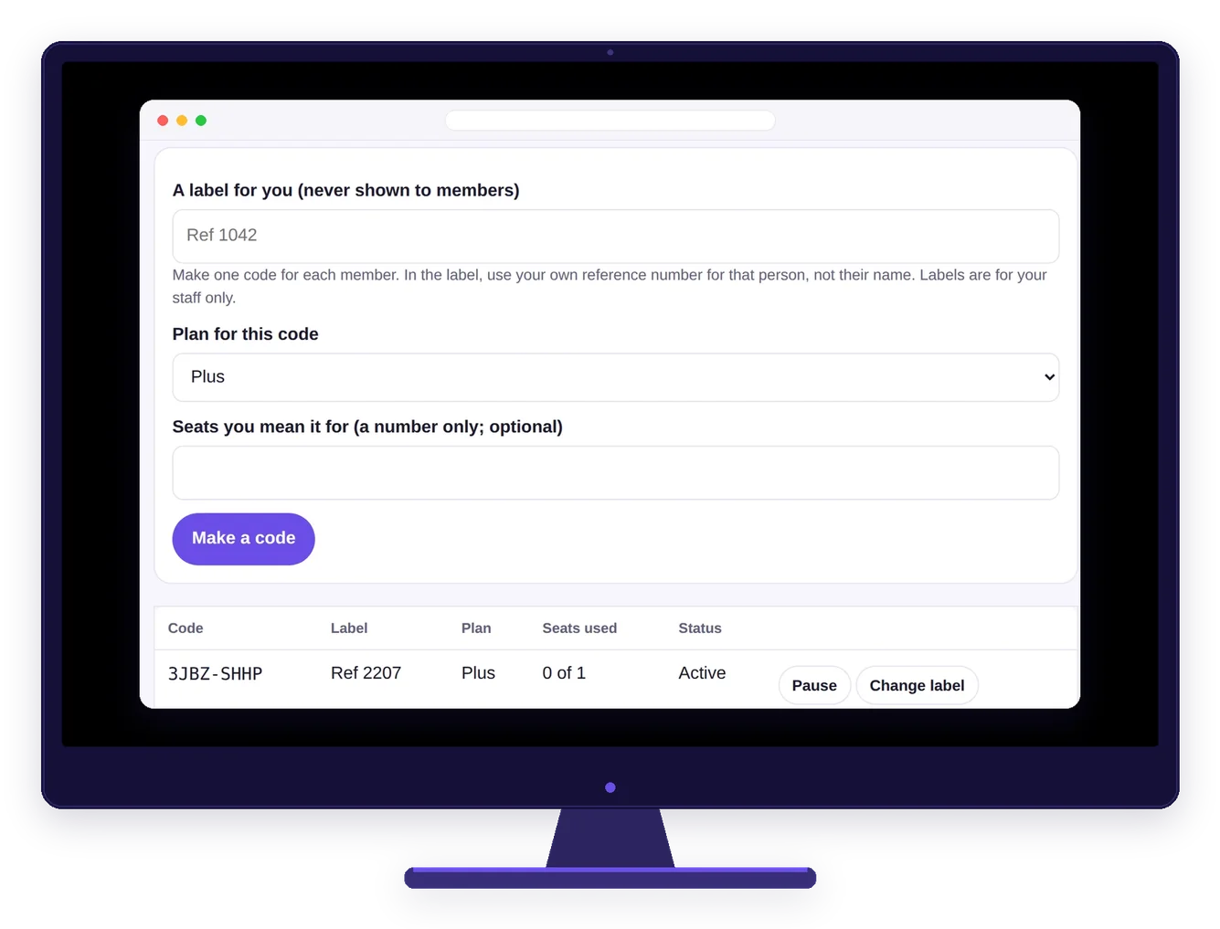 Staff portal codes and seats page on a desktop screen: make a join code with a staff-only label