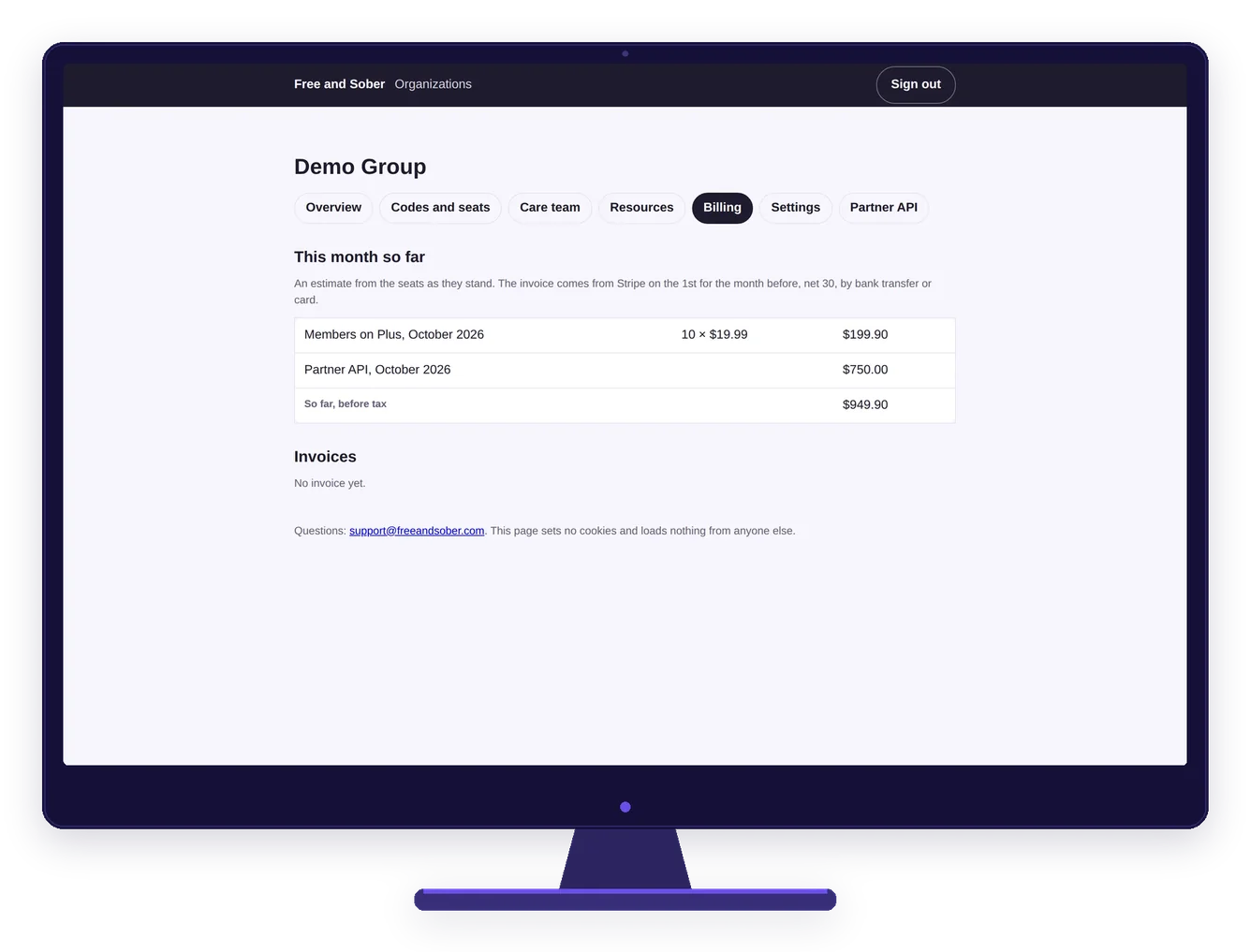 Staff portal billing page on a desktop screen: this month so far, seats by plan and Partner API, demo data