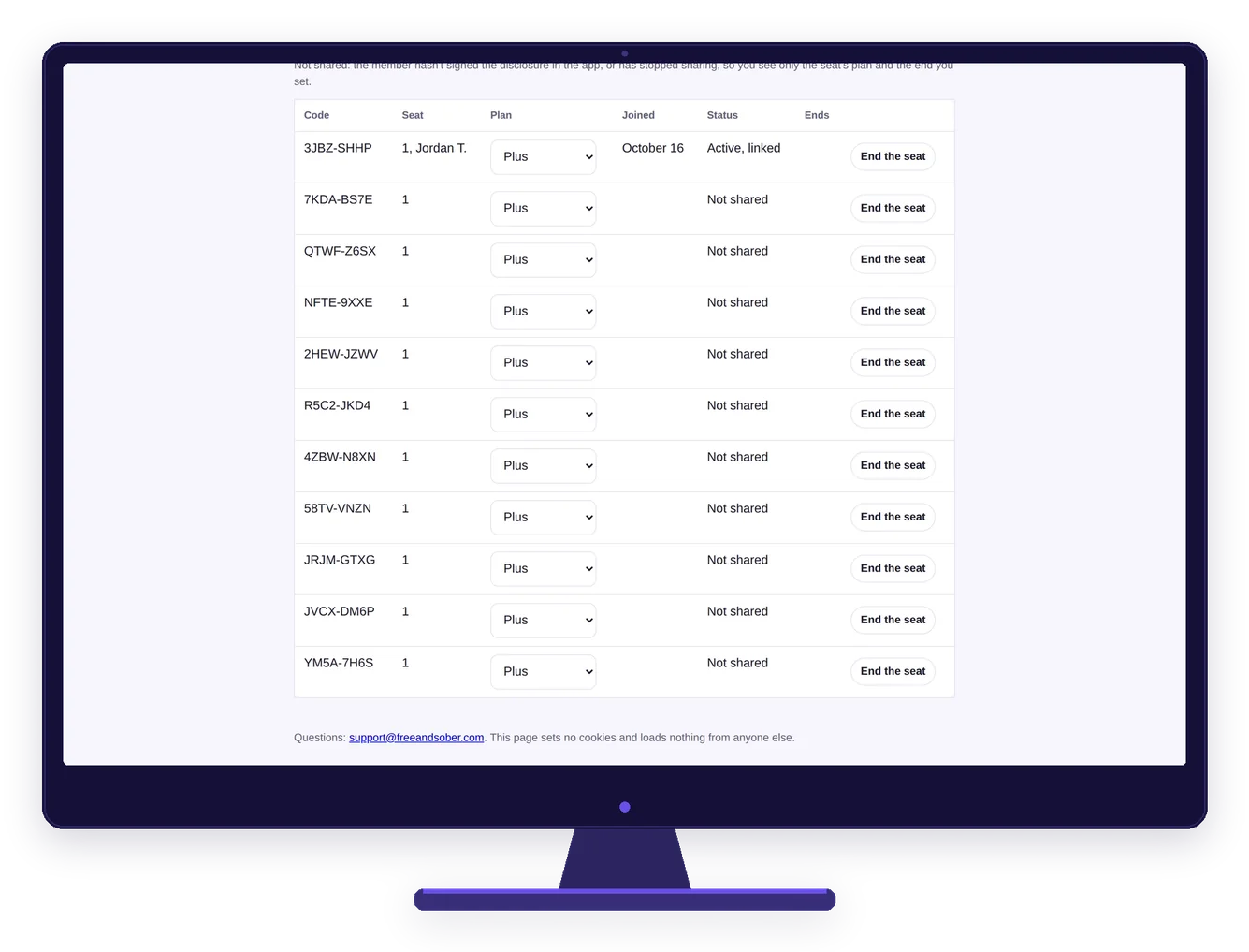 Staff portal seats table on a desktop screen with each member's code, seat, plan and sharing status, demo data