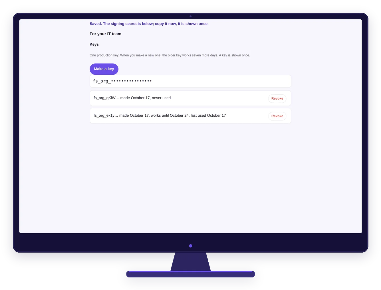 Staff portal Partner API keys on a desktop screen with masked values, when each was made and when it was last used