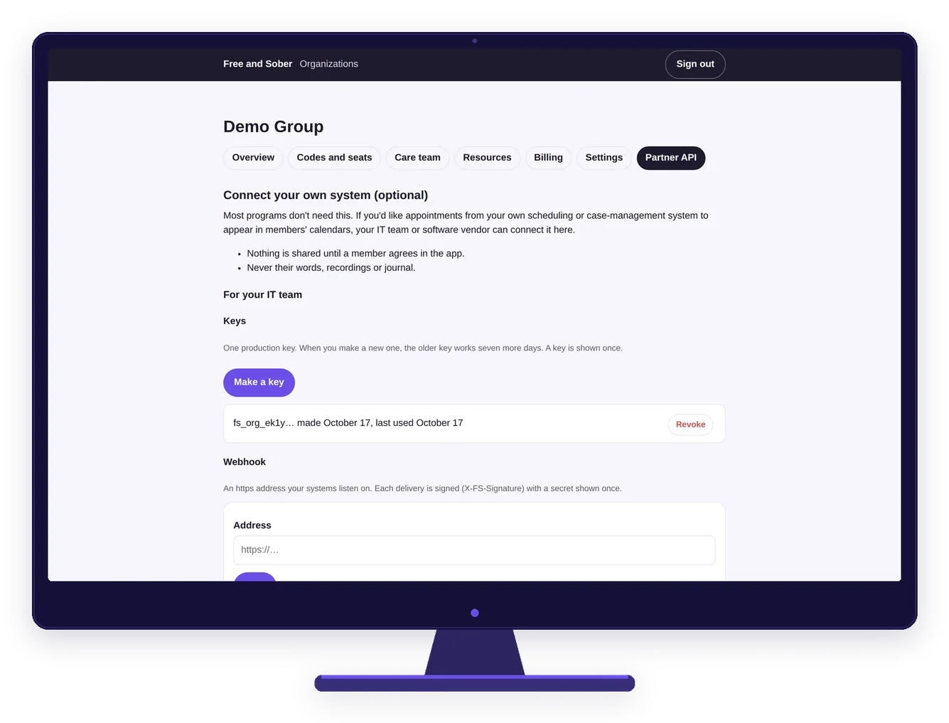 Staff portal Partner API page on a desktop screen for connecting your own scheduling or case management system, demo group