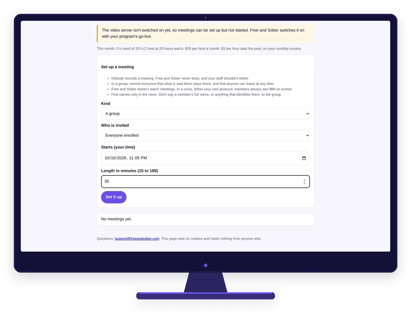 Staff portal meeting set-up form on a desktop screen: kind, who is invited, start time and length, demo group
