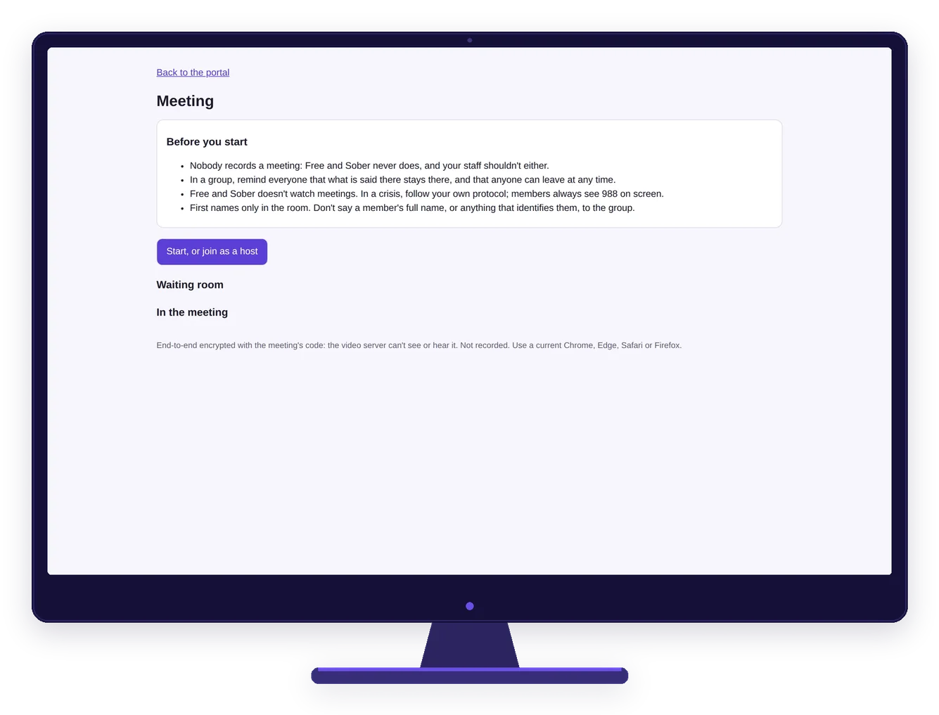 Staff portal host room page on a desktop screen with a before-you-start checklist and a start button