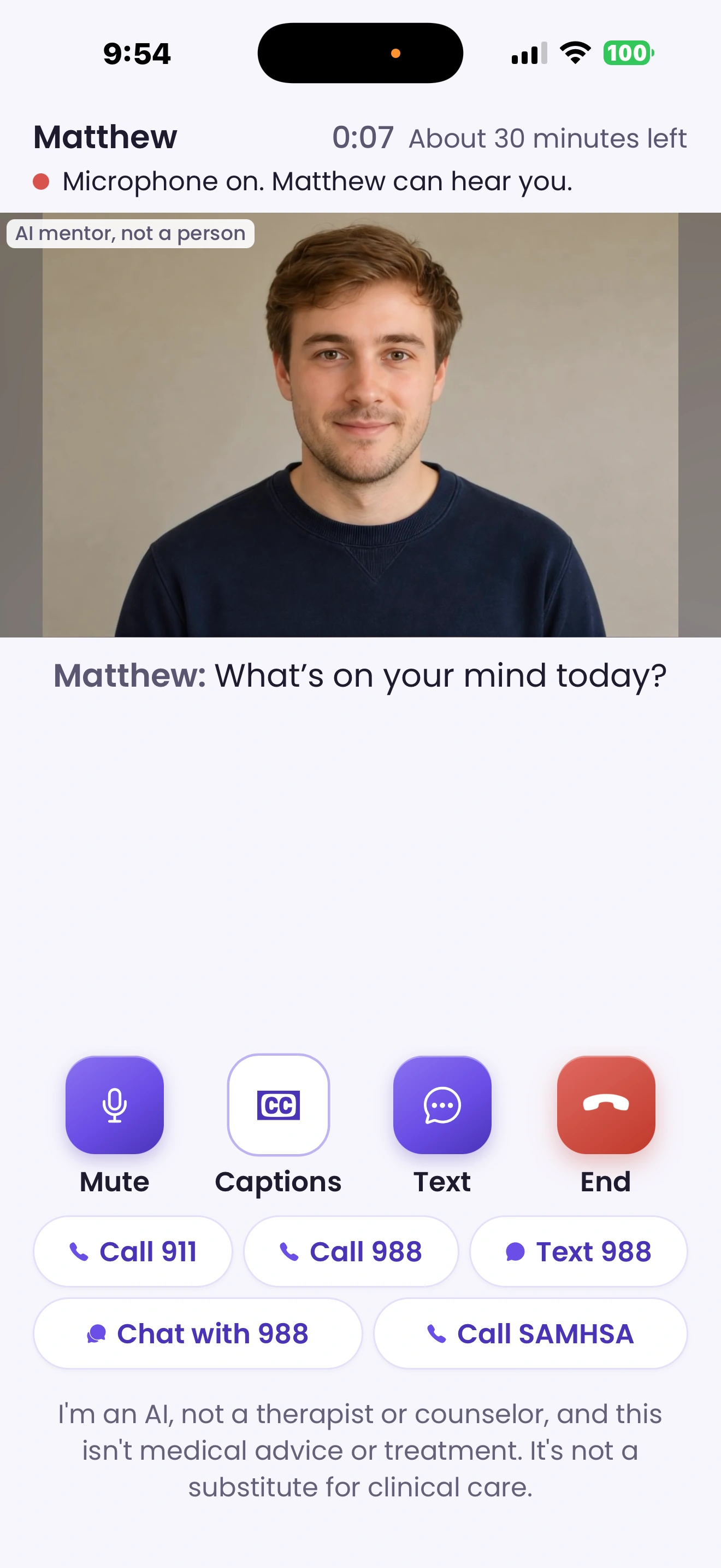 Live video call with Matthew, an AI mentor with an AI-generated face and voice, on Plus and Premium, with captions and crisis buttons
