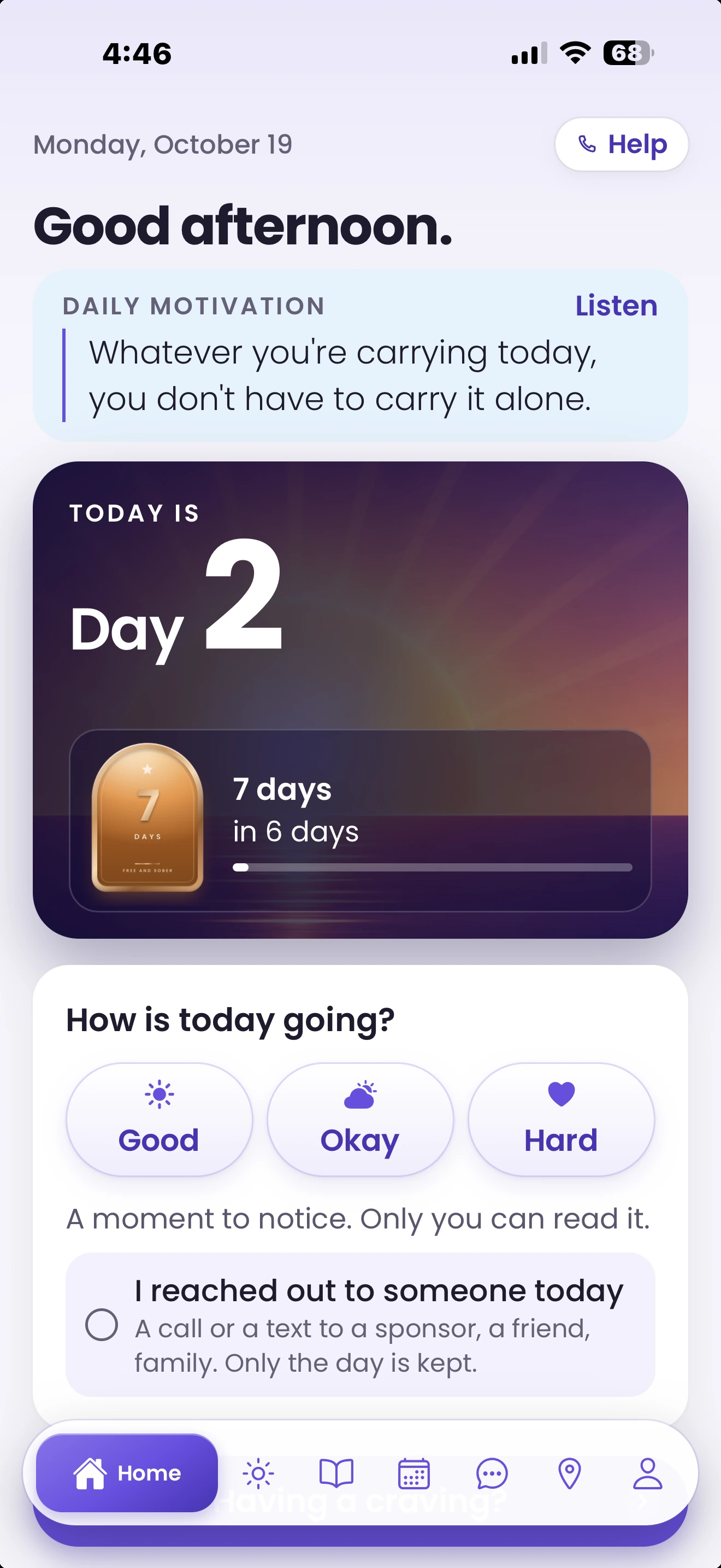 Free and Sober Home tab on day 2 with the day count, daily motivation and a how is today going check-in, sample content