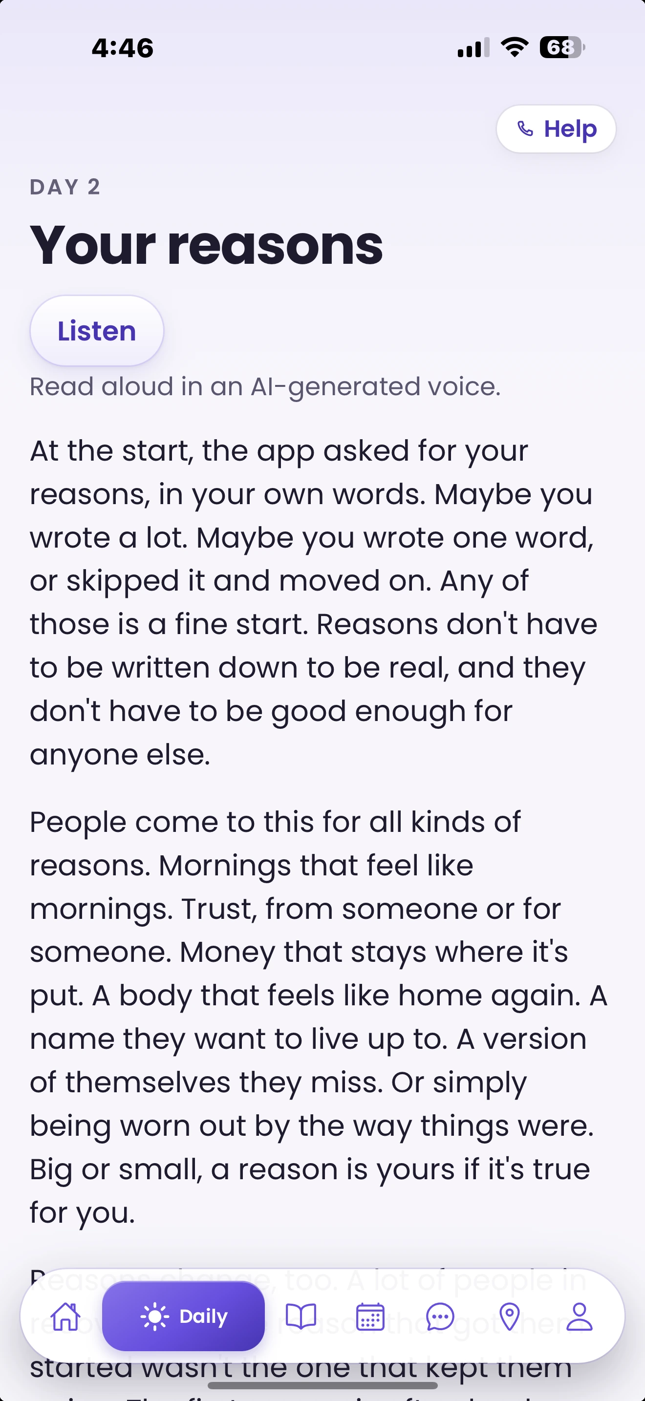 Free and Sober Daily tab on day 2, a reading called Your reasons with a Listen button, sample content