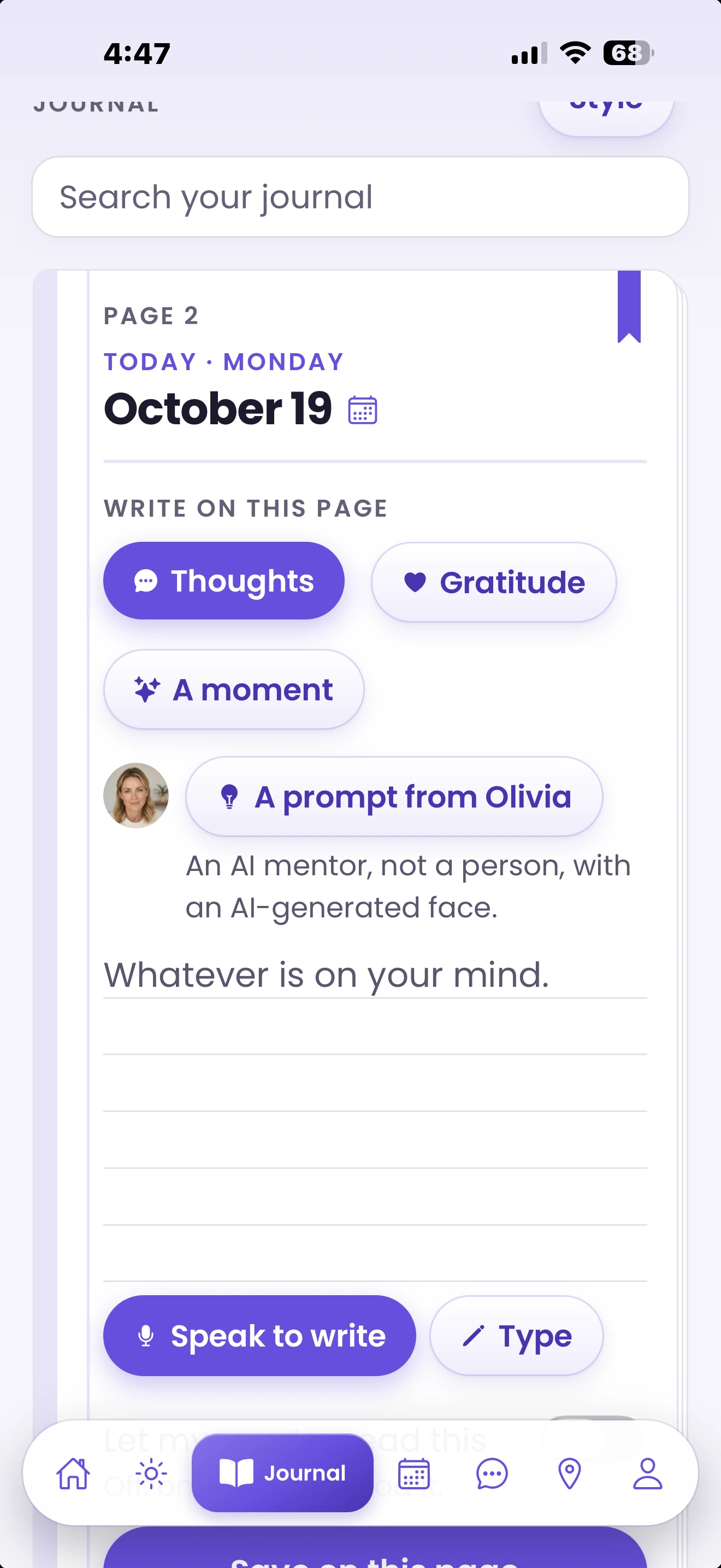 Free and Sober Journal tab with today's page, write options and a prompt from the AI mentor Olivia, sample content