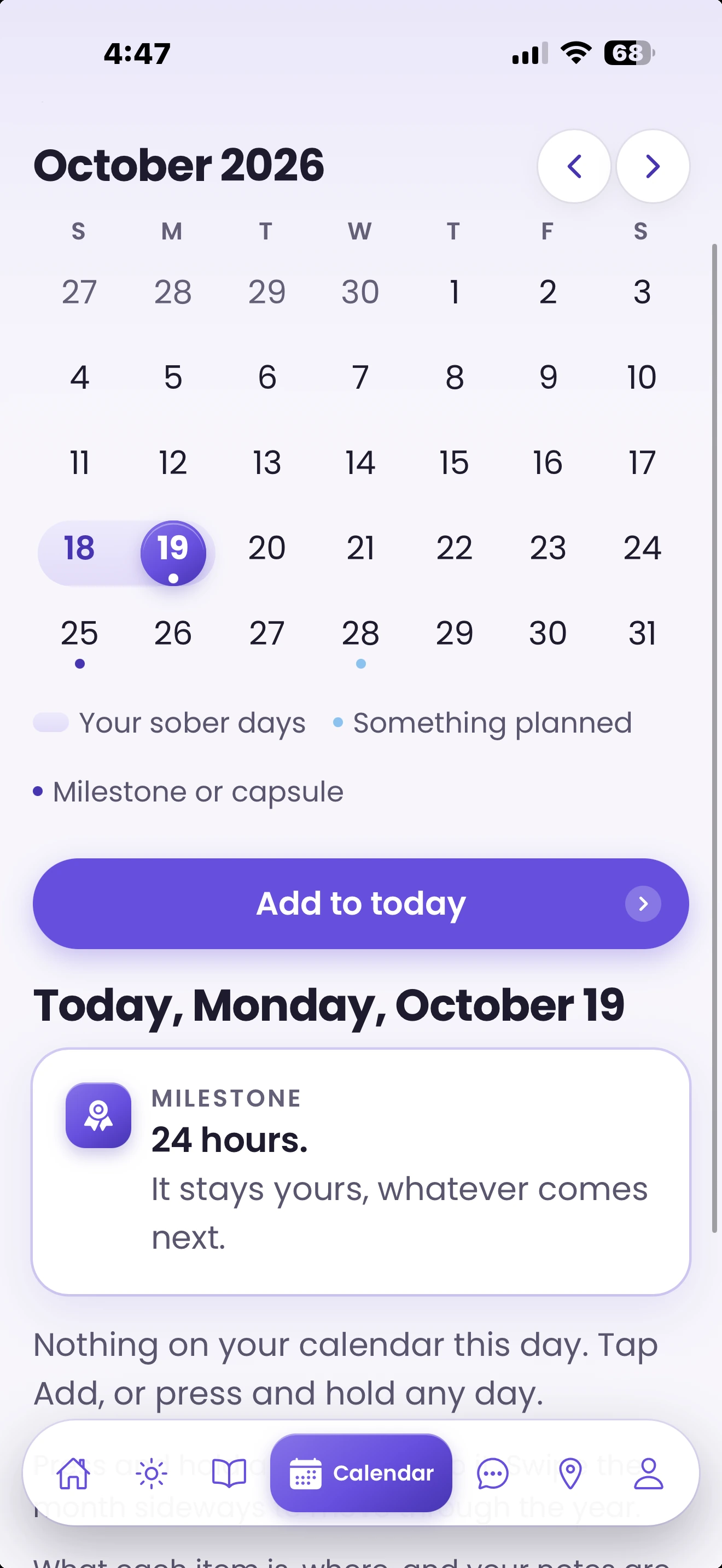 Free and Sober Calendar tab for October with sober days, a milestone and an add to today button, sample content